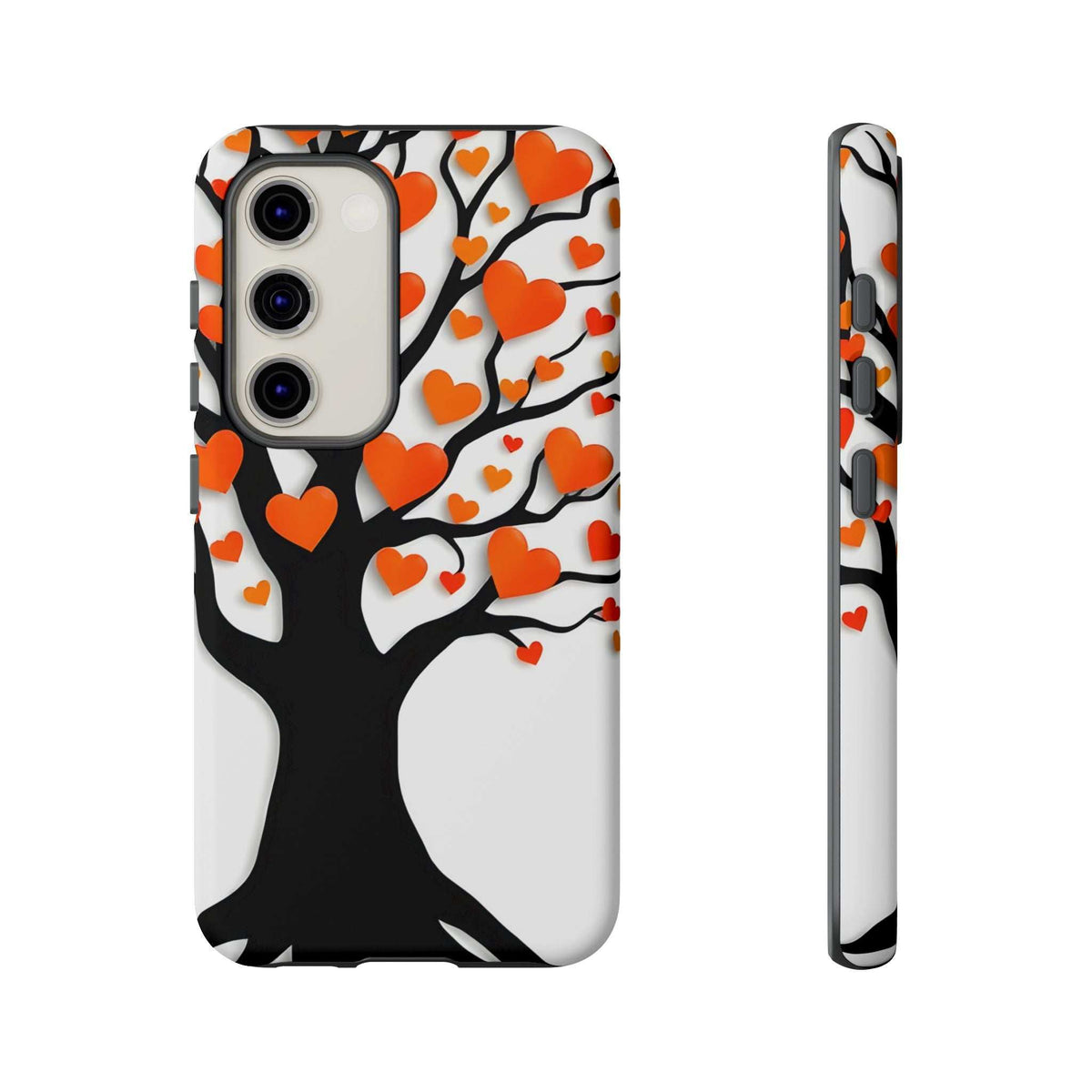 Phone case with heart tree design, orange and red hearts, phone camera cutouts shown