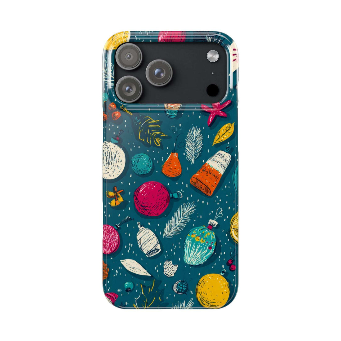 Teal winter-themed phone case with colorful ornaments and leaf shapes