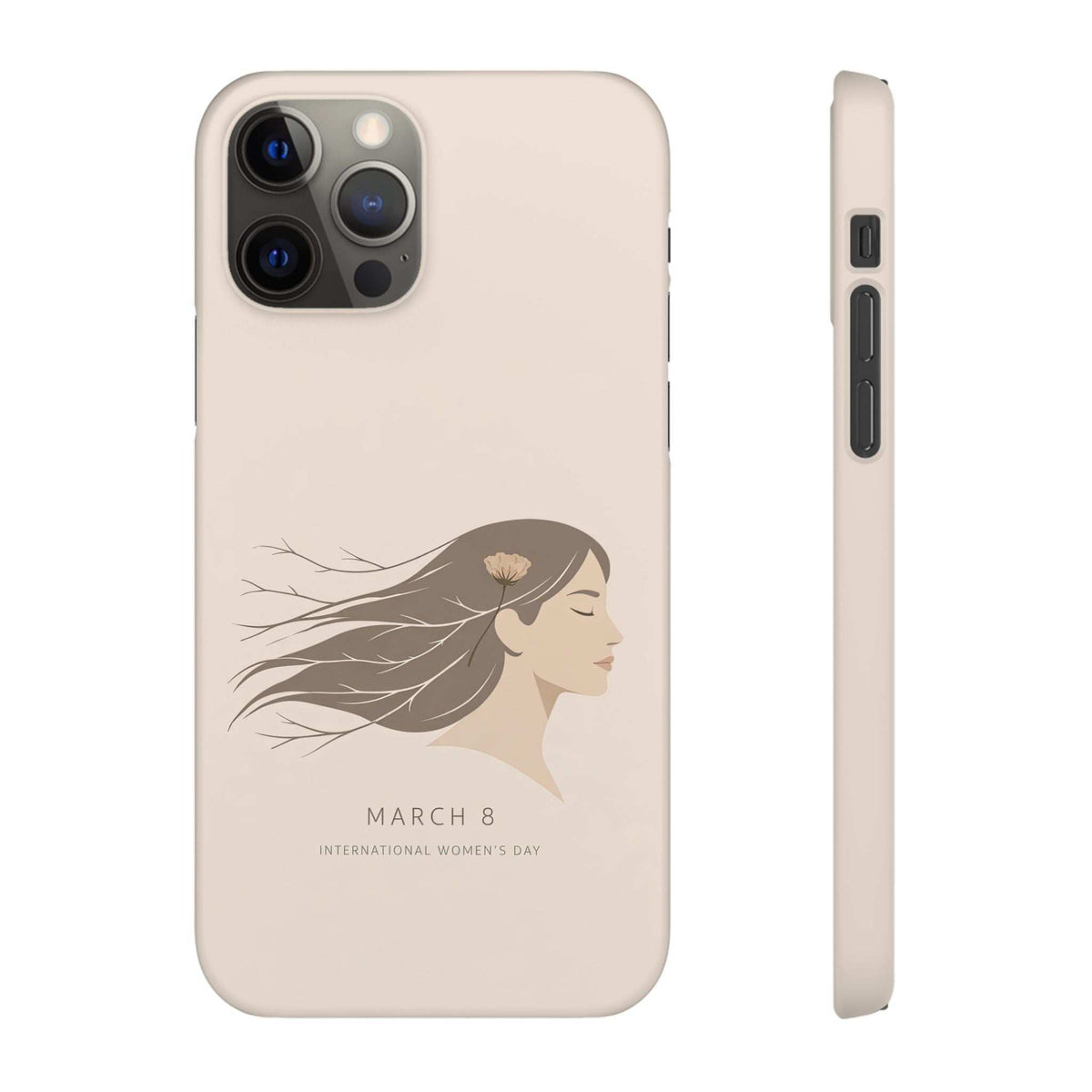 Beige phone case front and side view, featuring woman profile illustration with flowing hair
