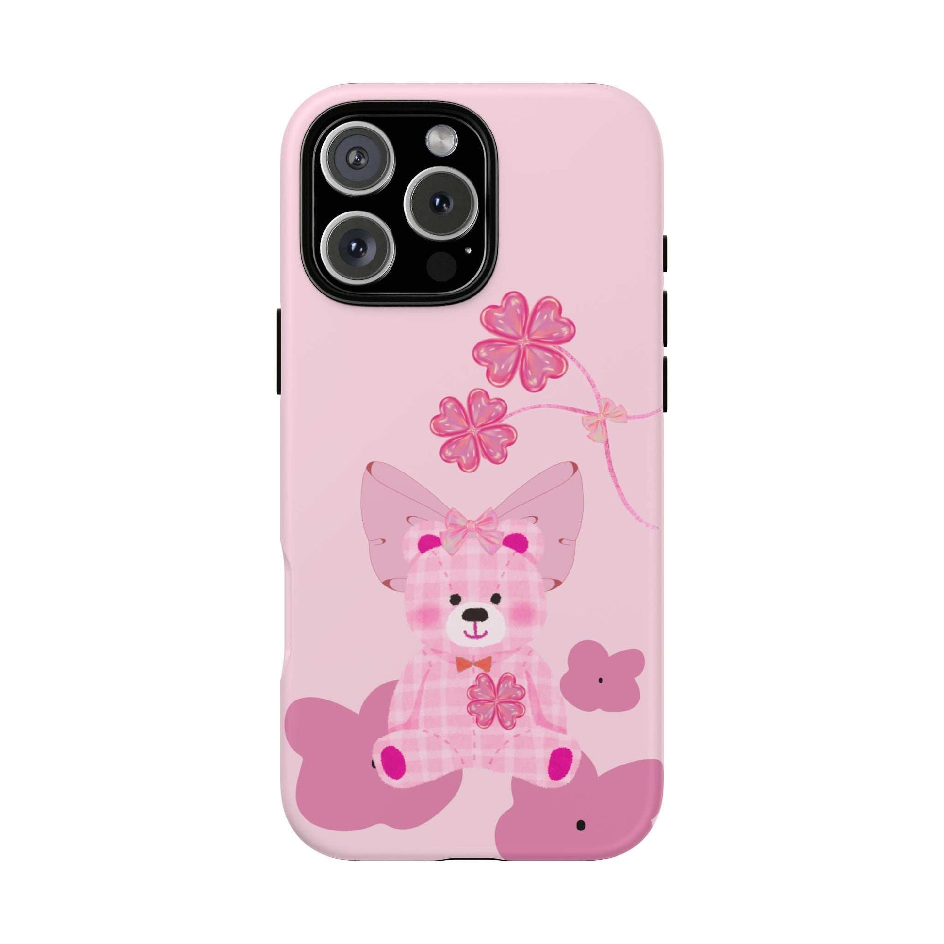 Pink phone case with teddy bear bow and pink flower accents, camera cutouts visible.