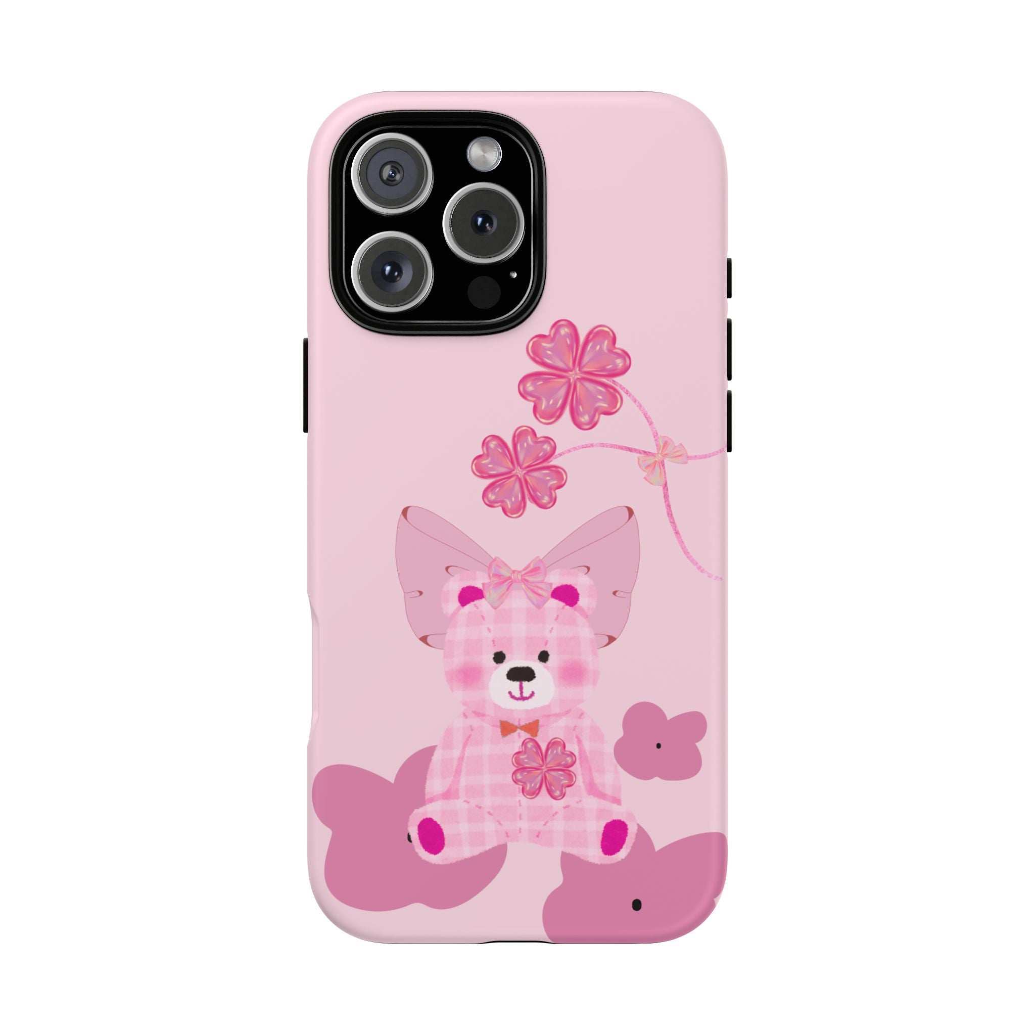 Pink phone case with teddy bear bow and pink flower accents, camera cutouts visible.