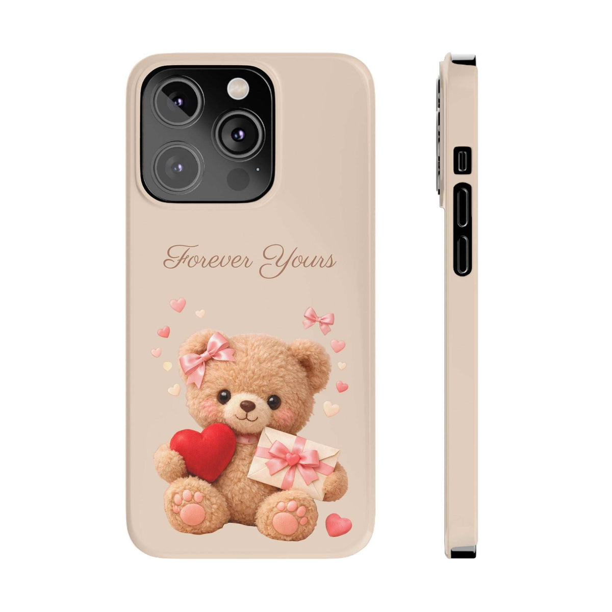 Beige phone case featuring teddy bear holding a red heart and gift box; side ports visible.