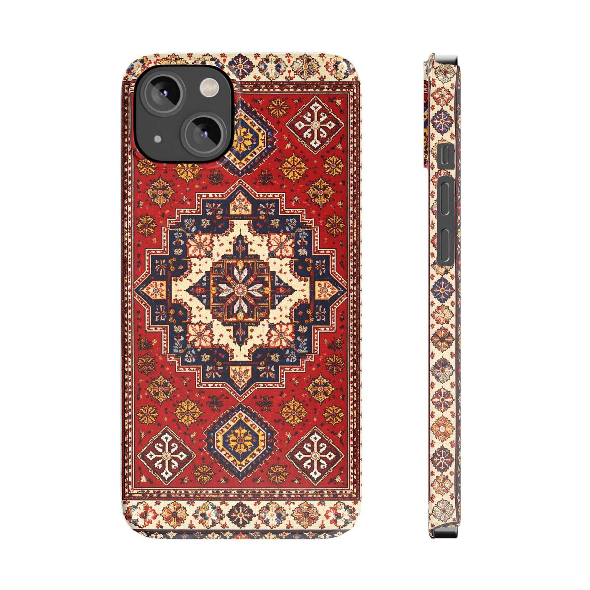 Phone case featuring red, blue and beige carpet mosaic pattern; front cameras and side