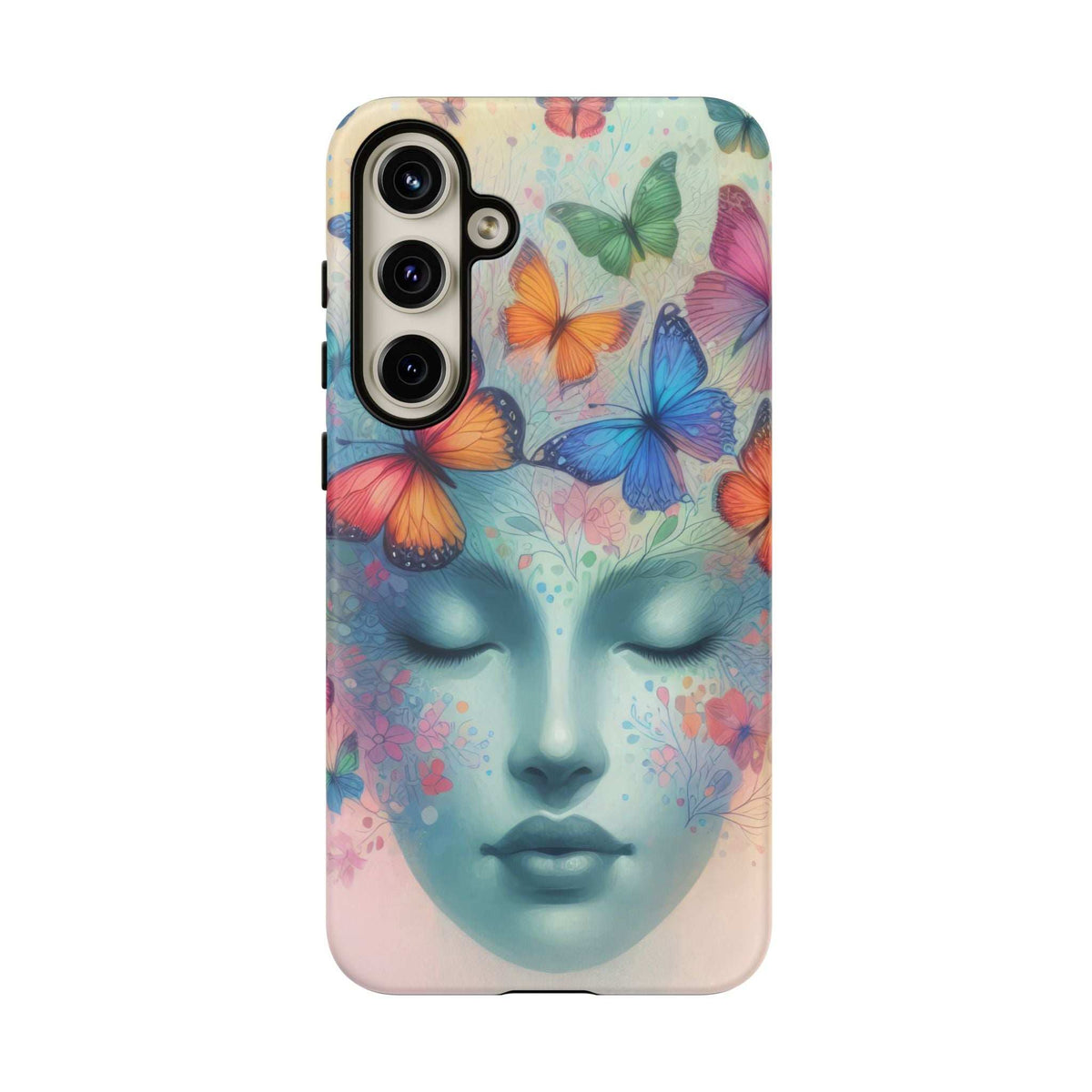 Phone case back view with butterfly collage over pastel blue face and pink flower details.