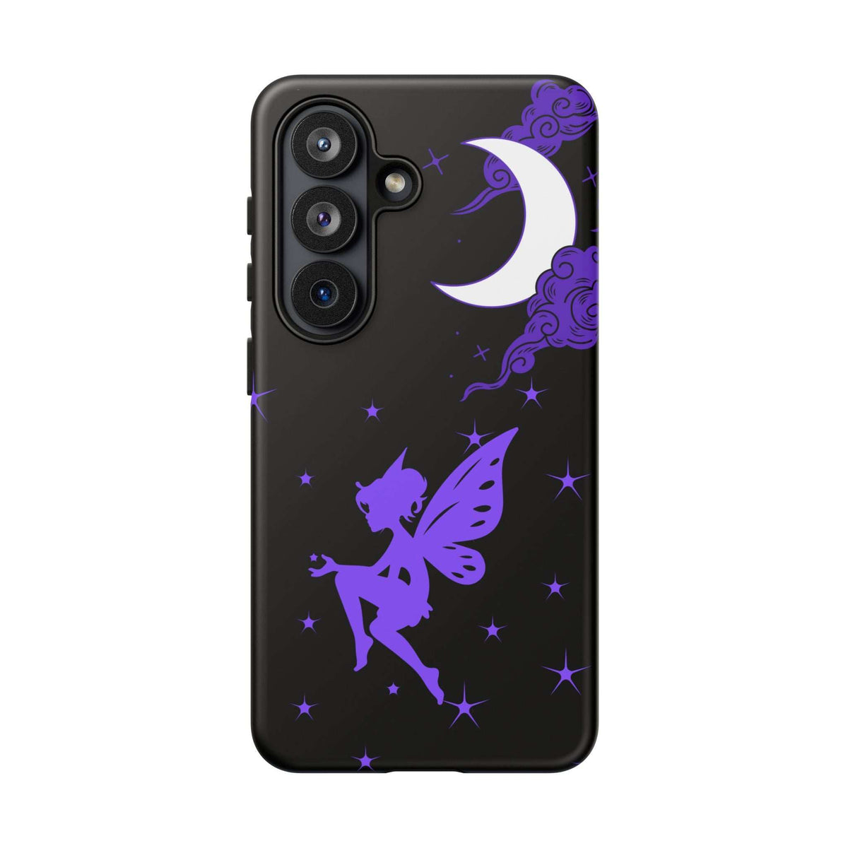 Black phone case with purple fairy silhouette, crescent moon, and star accents.