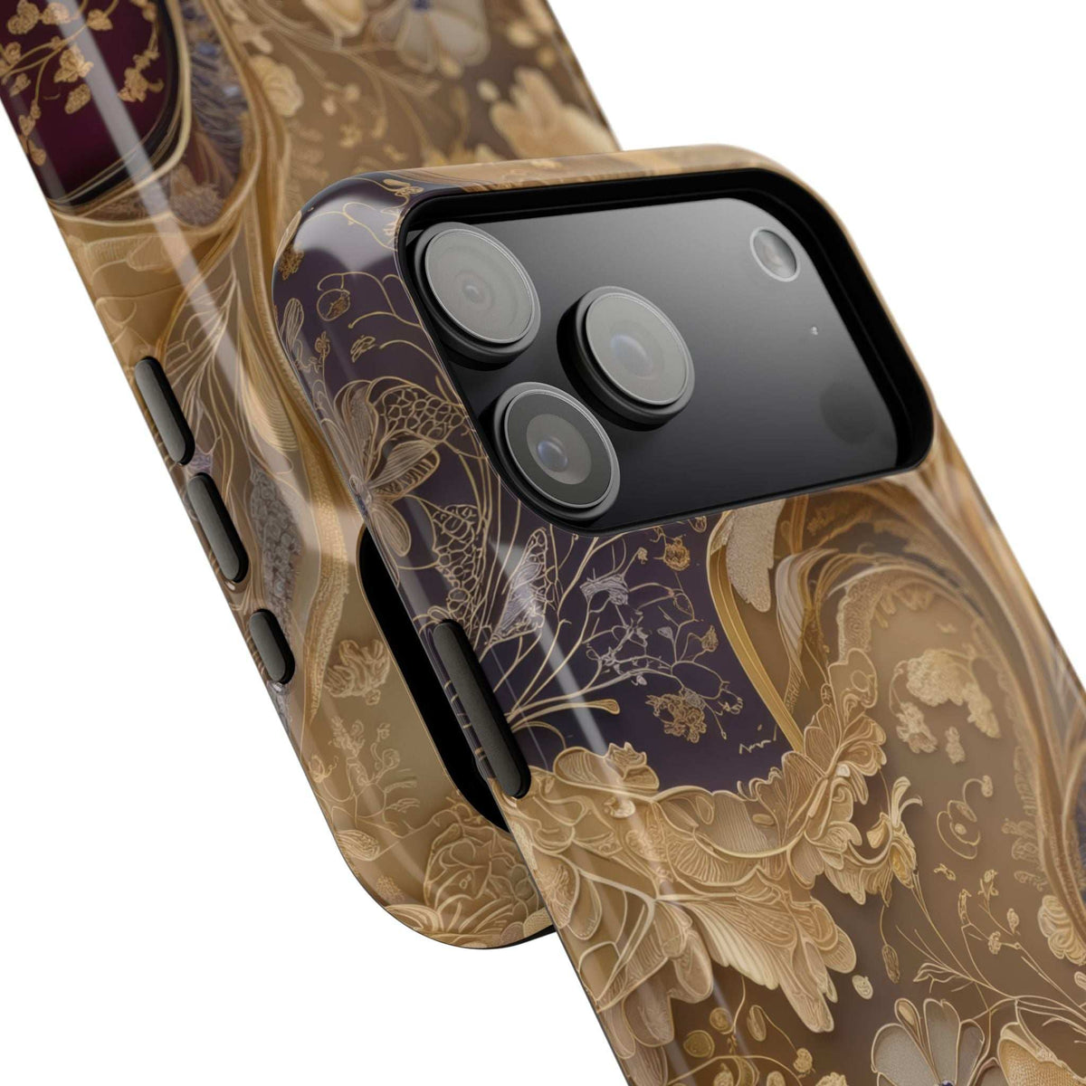 Botanical phone case close-up with gold floral design, triple-lens camera cover