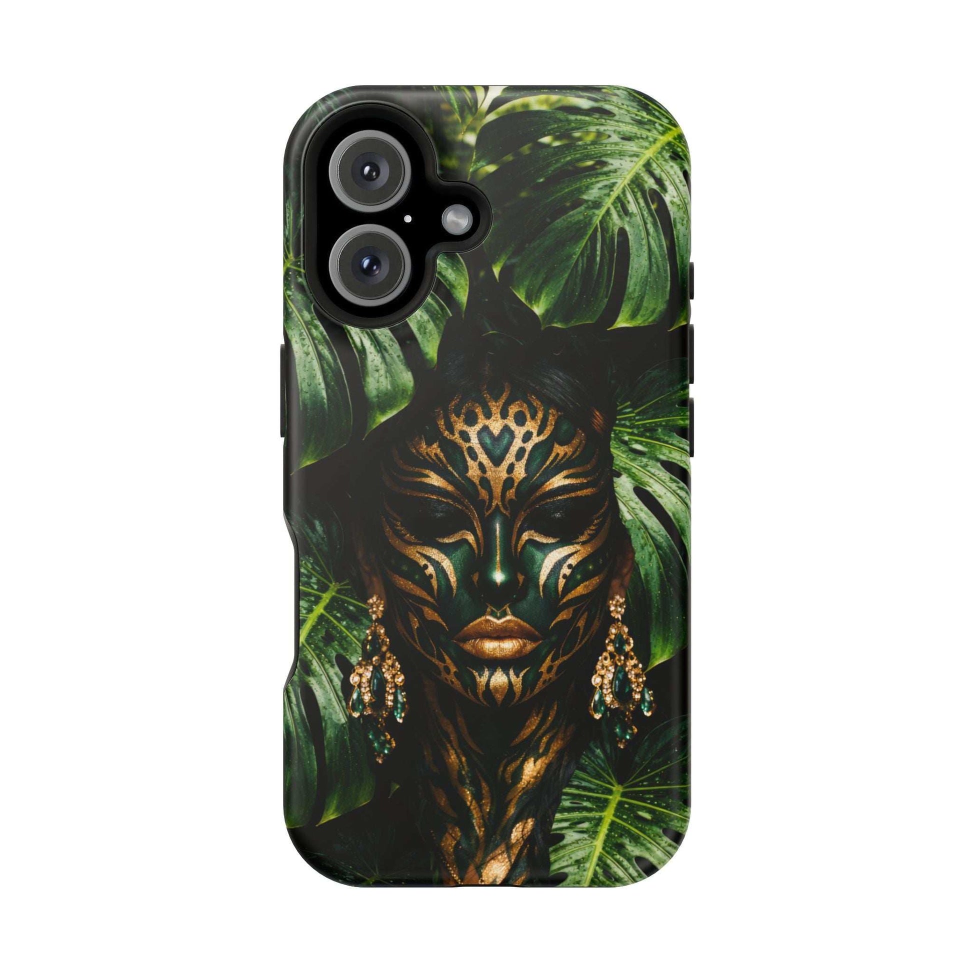 Tropical jungle mask phone case with ornate gold earrings and leafy pattern, camera cutouts