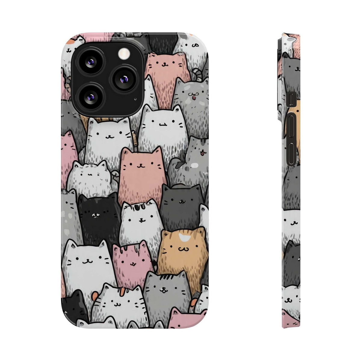 Cat carnival phone case with cat-face illustration; front and narrow side showing camera openings.