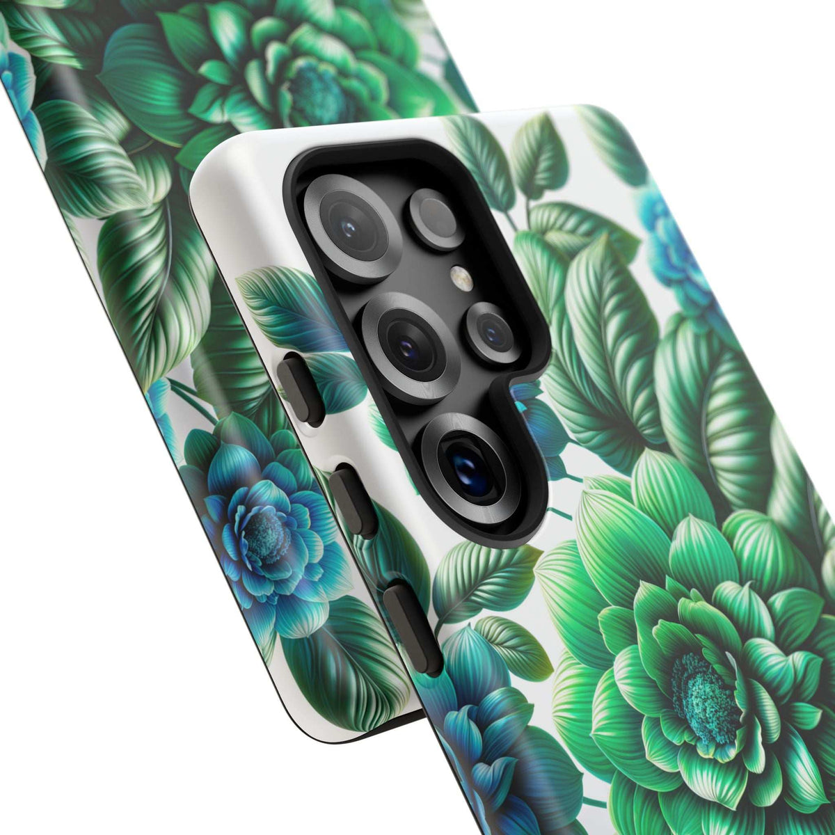Green and blue floral phone case with raised camera housing, close angled back view