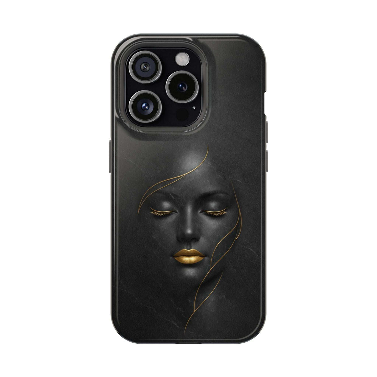 Black phone case with gold face illustration and dual camera cutouts