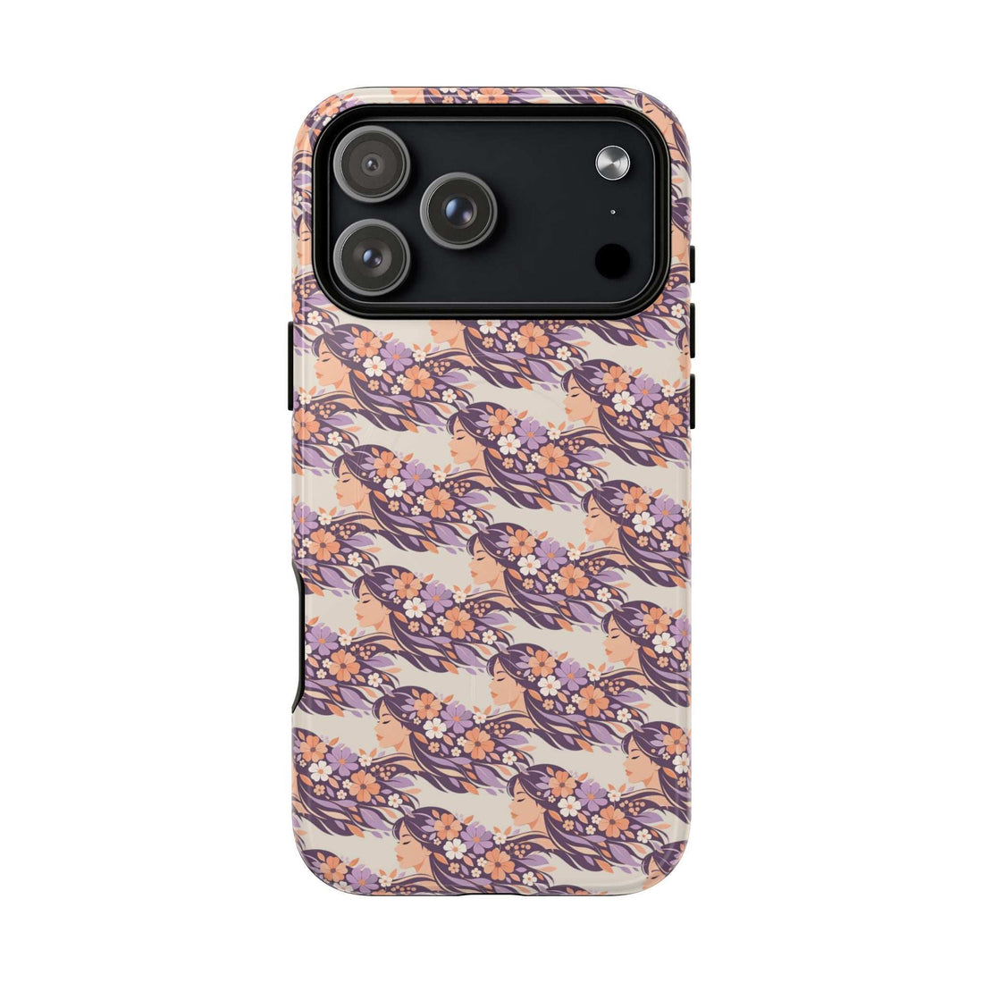 Floral iPhone 13-17 phone case with pastel pink and purple blossoms, raised camera cutouts