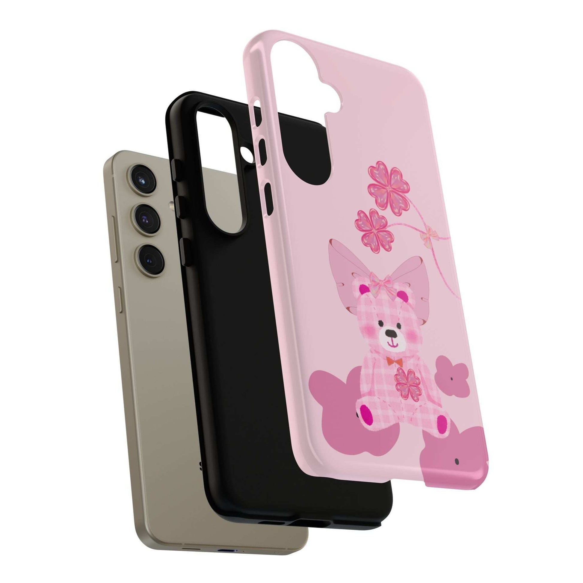 Pink teddy bear phone case on phone back, clear camera cutout and side buttons