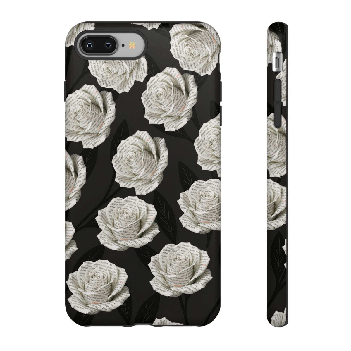 Floral phone case with black background and white rose pattern, side buttons and cutouts