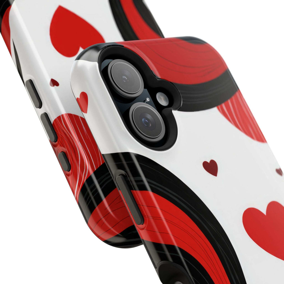 Glossy phone case with red, black, and white hearts pattern; camera cutouts and raised edges