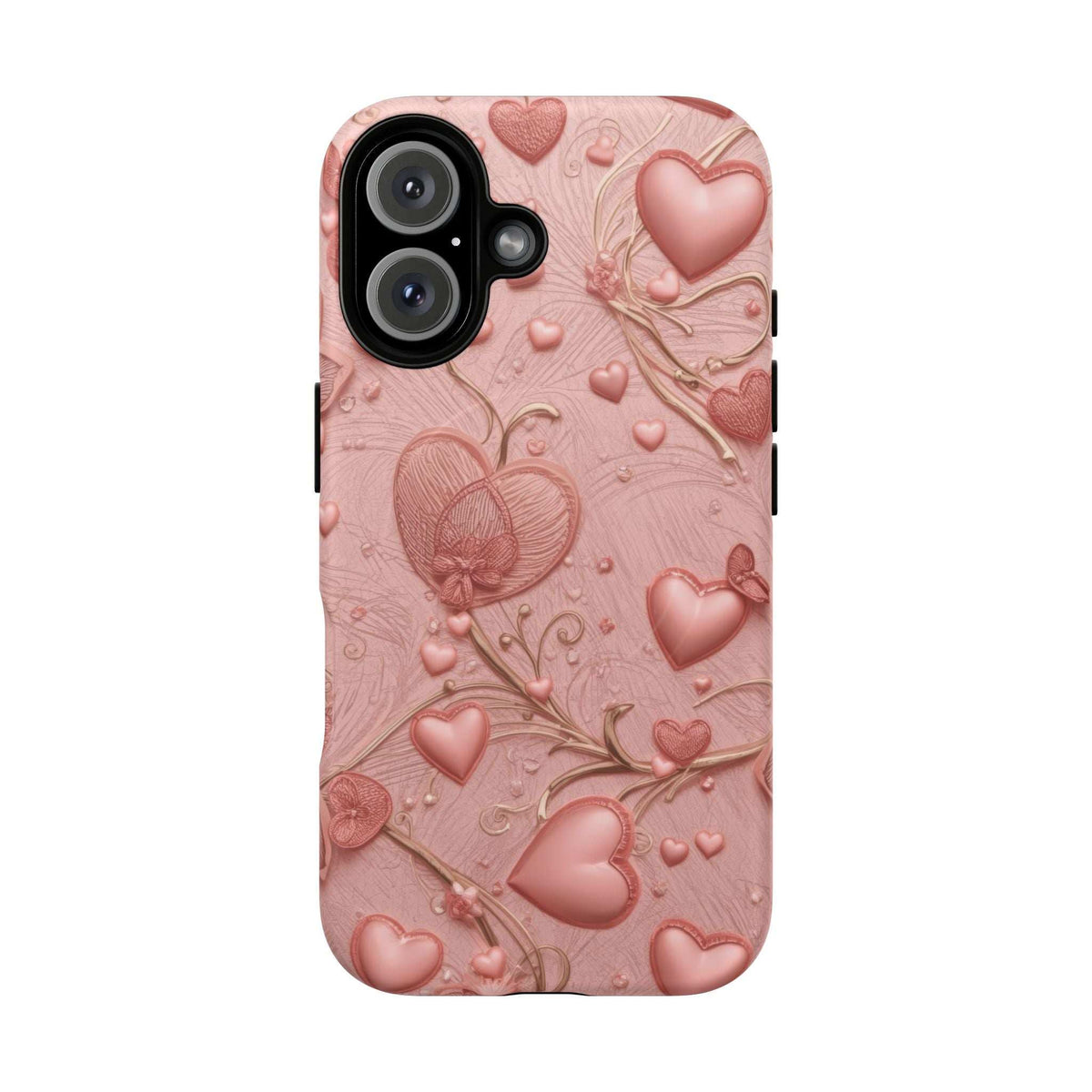 Pink heart-pattern phone case with embossed swirls and flowers, camera cutouts visible