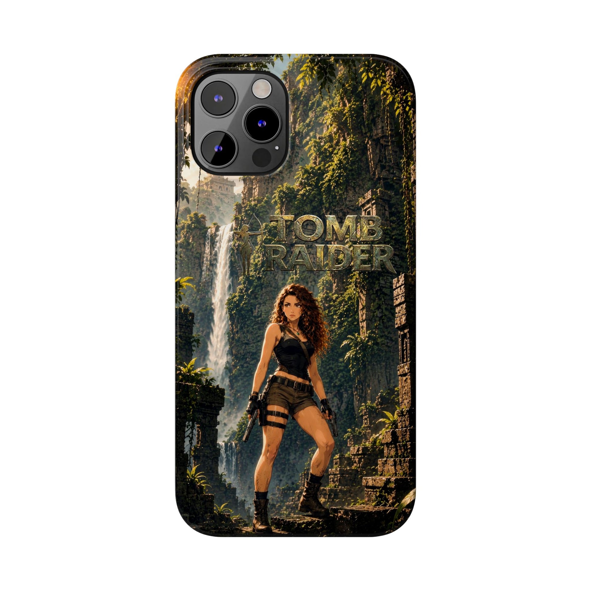 Front phone case with Tomb Raider character standing in jungle and camera cutout openings