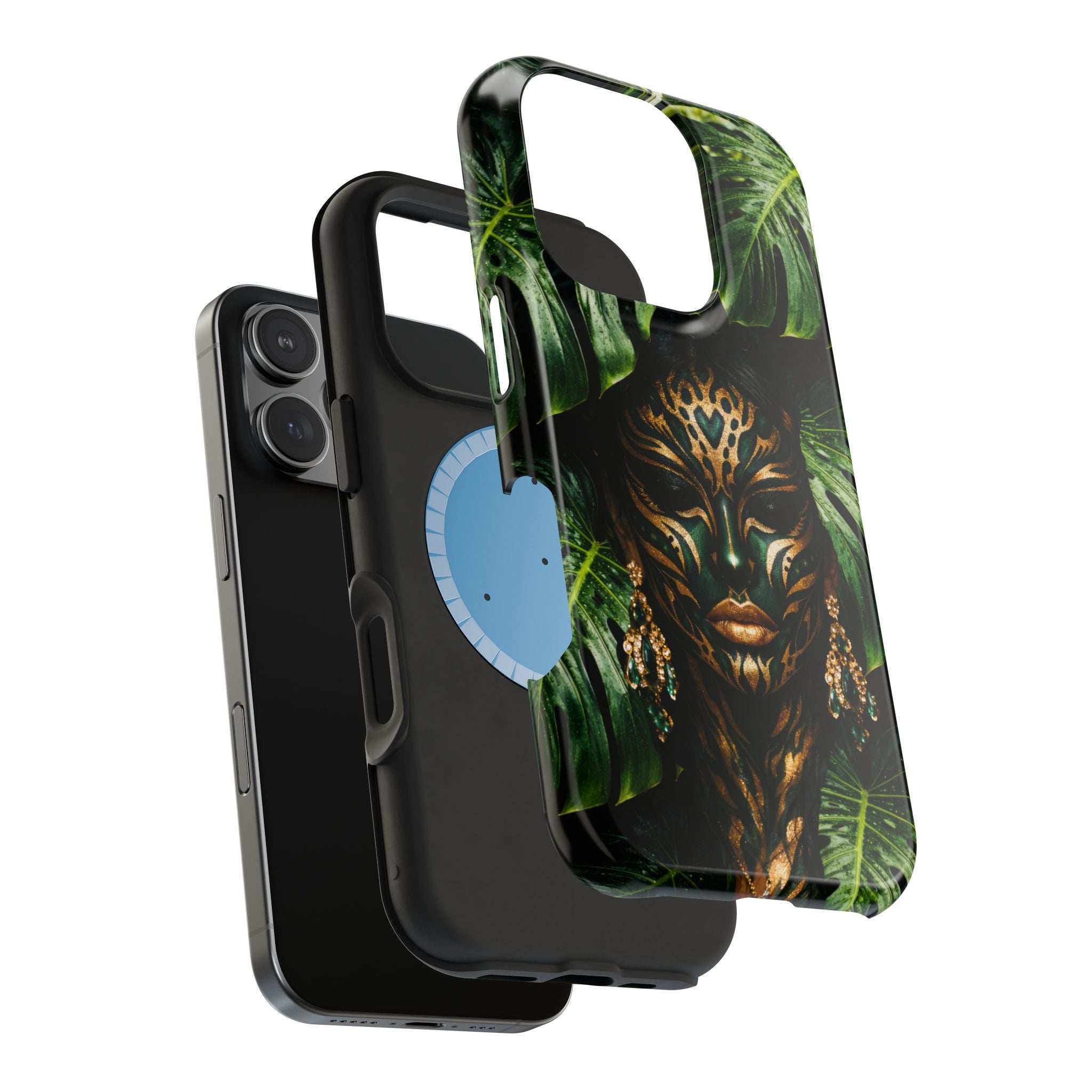 Phone case angled back: jungle lion face with green leaves and tropical foliage pattern