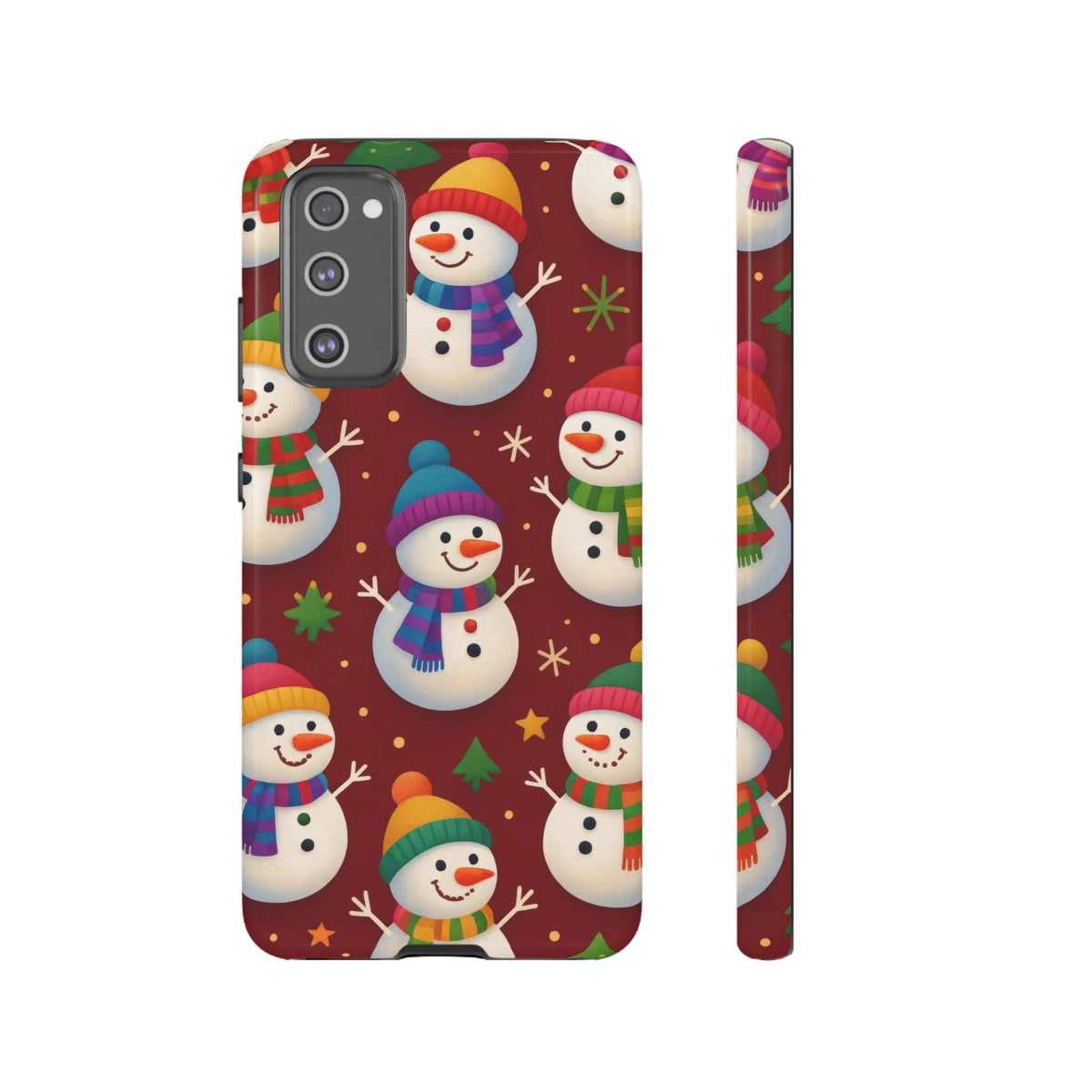 Glossy phone case back with smiling snowmen and slim side panel matching the print