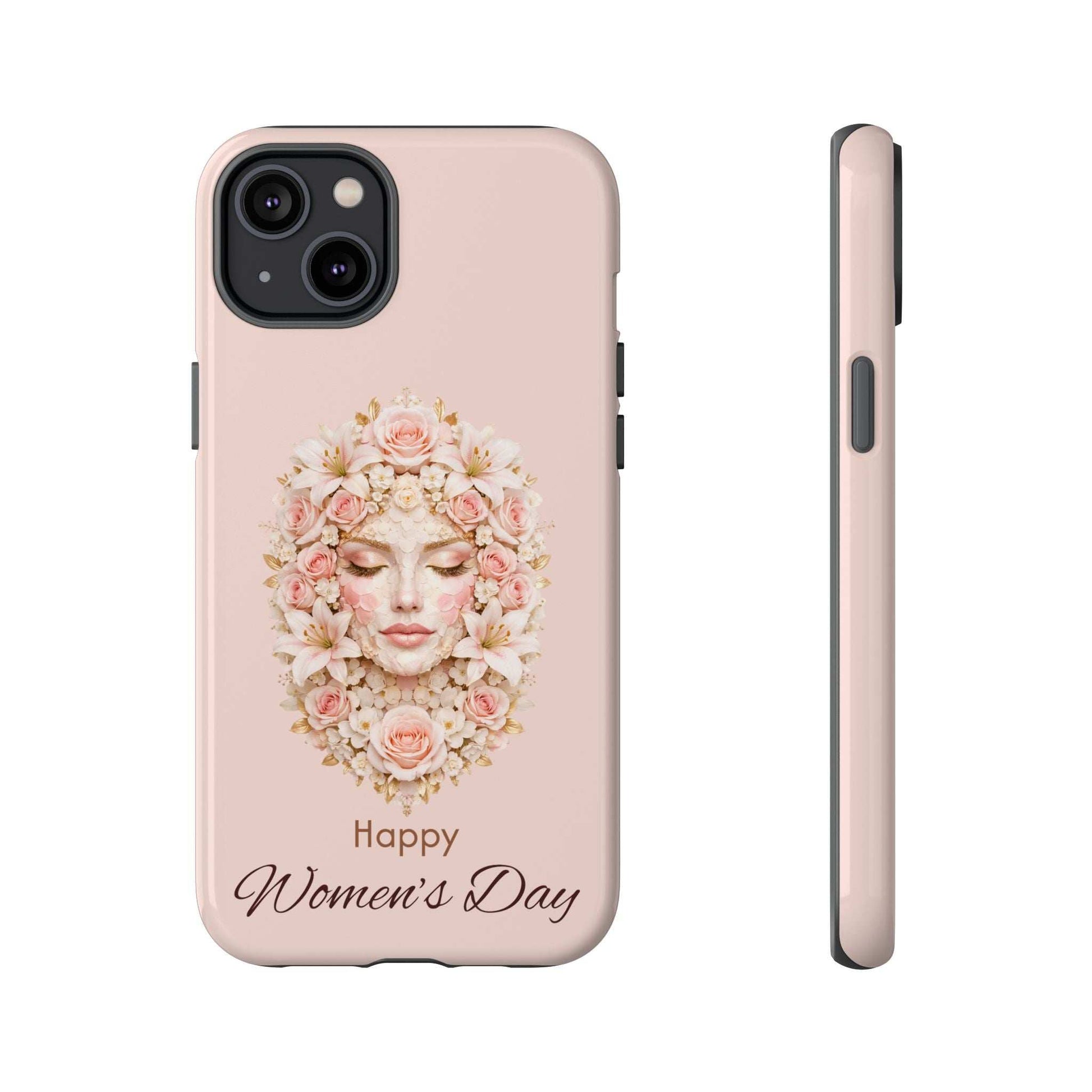 Pink phone case with floral woman portrait and “Happy Women’s Day” text; camera housing visible.