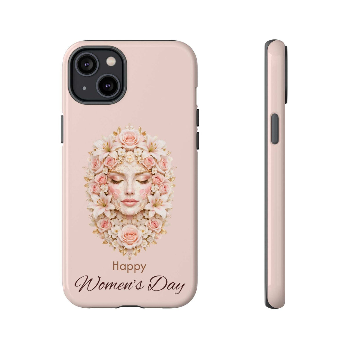 Pink phone case with floral woman portrait and “Happy Women’s Day” text; camera housing visible.