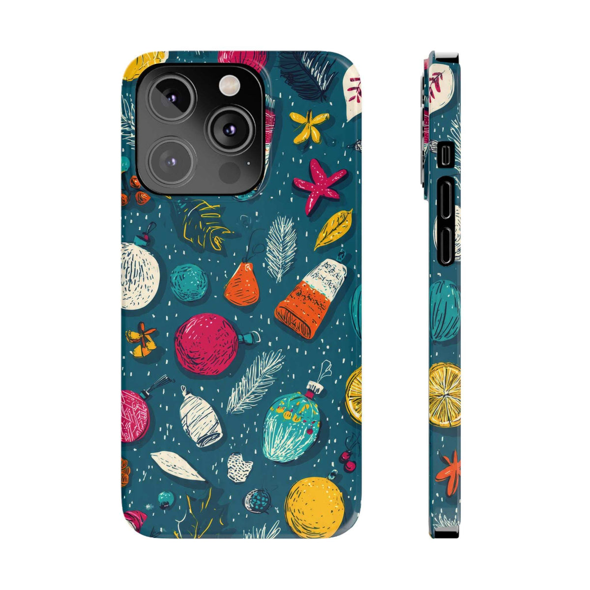 Winter Joy phone case, teal winter design with pine needles and ornaments; camera guard