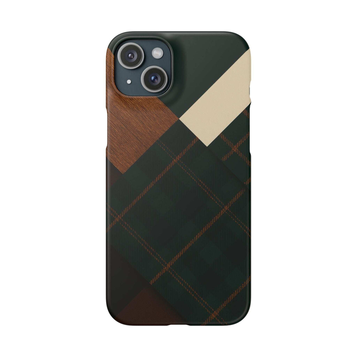 Green plaid phone case with wood texture inset, diagonal cream accent, camera lenses and flash opening.