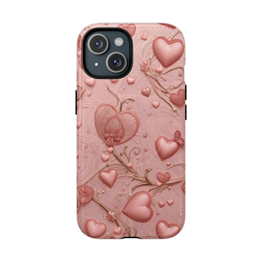 Pink phone case with raised hearts and flowers, camera lens cutout visible