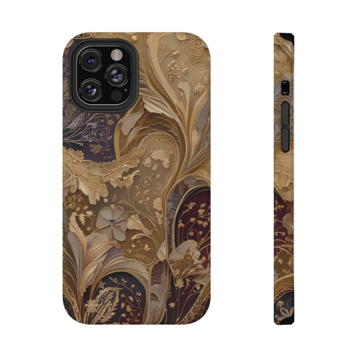Ornate botanical phone case in gold, cream, and dark accents with camera cutouts.
