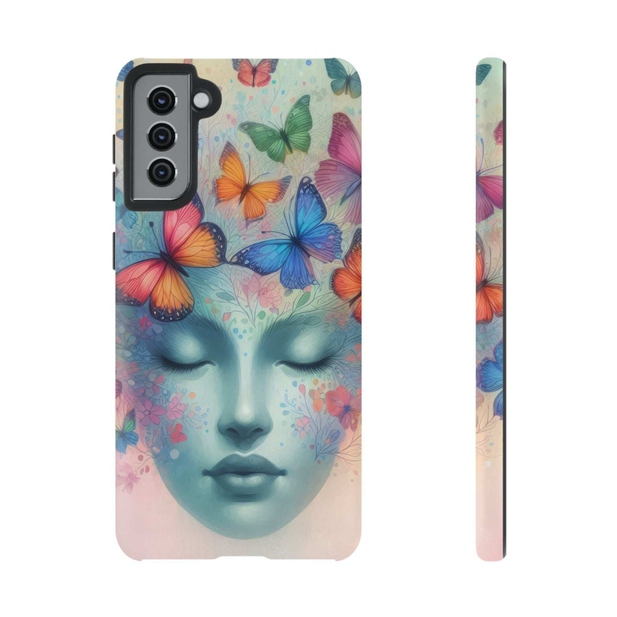 Phone case with pastel butterfly and floral face art, raised camera cutouts