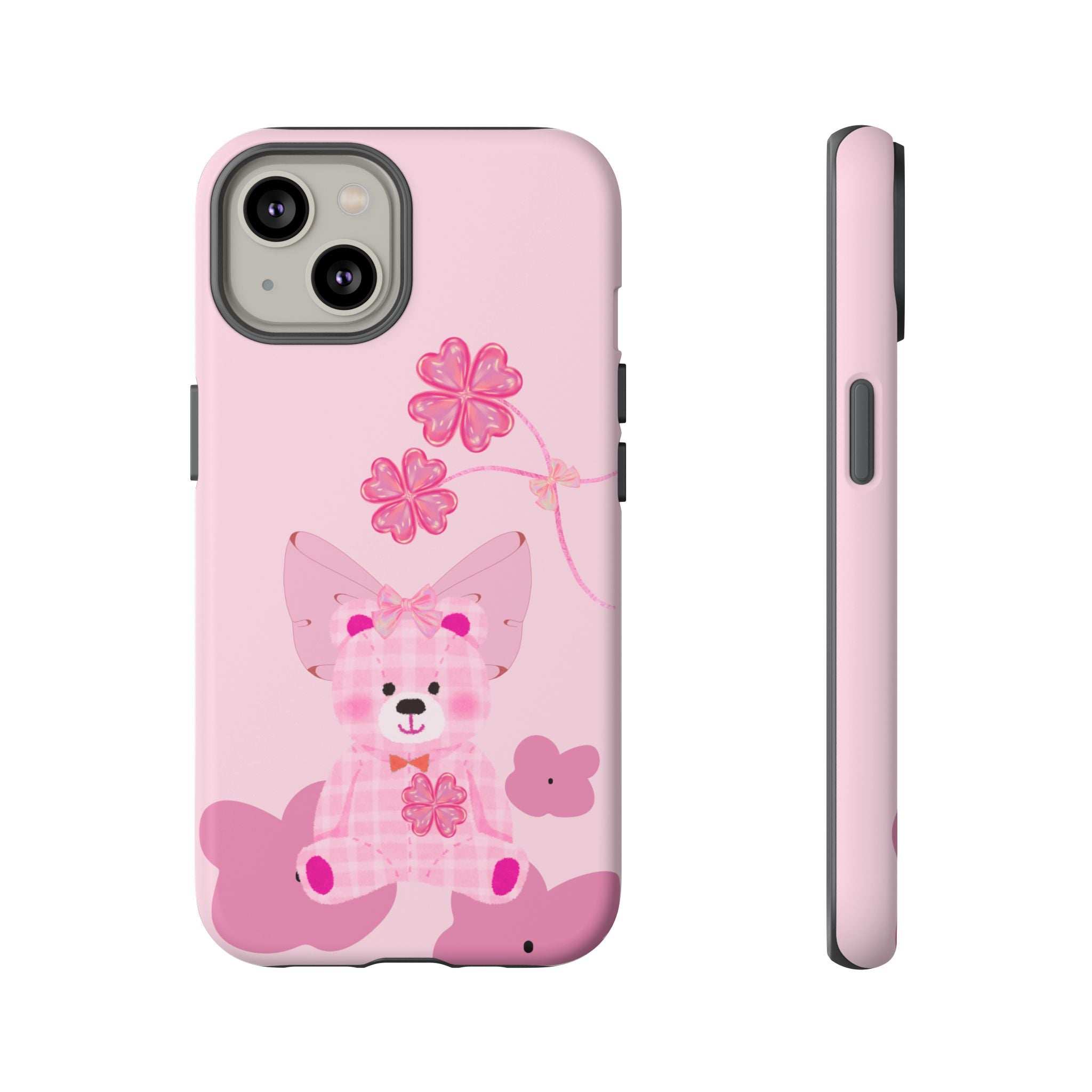 Pink phone case featuring teddy bear and bow; back plus side profile with openings.