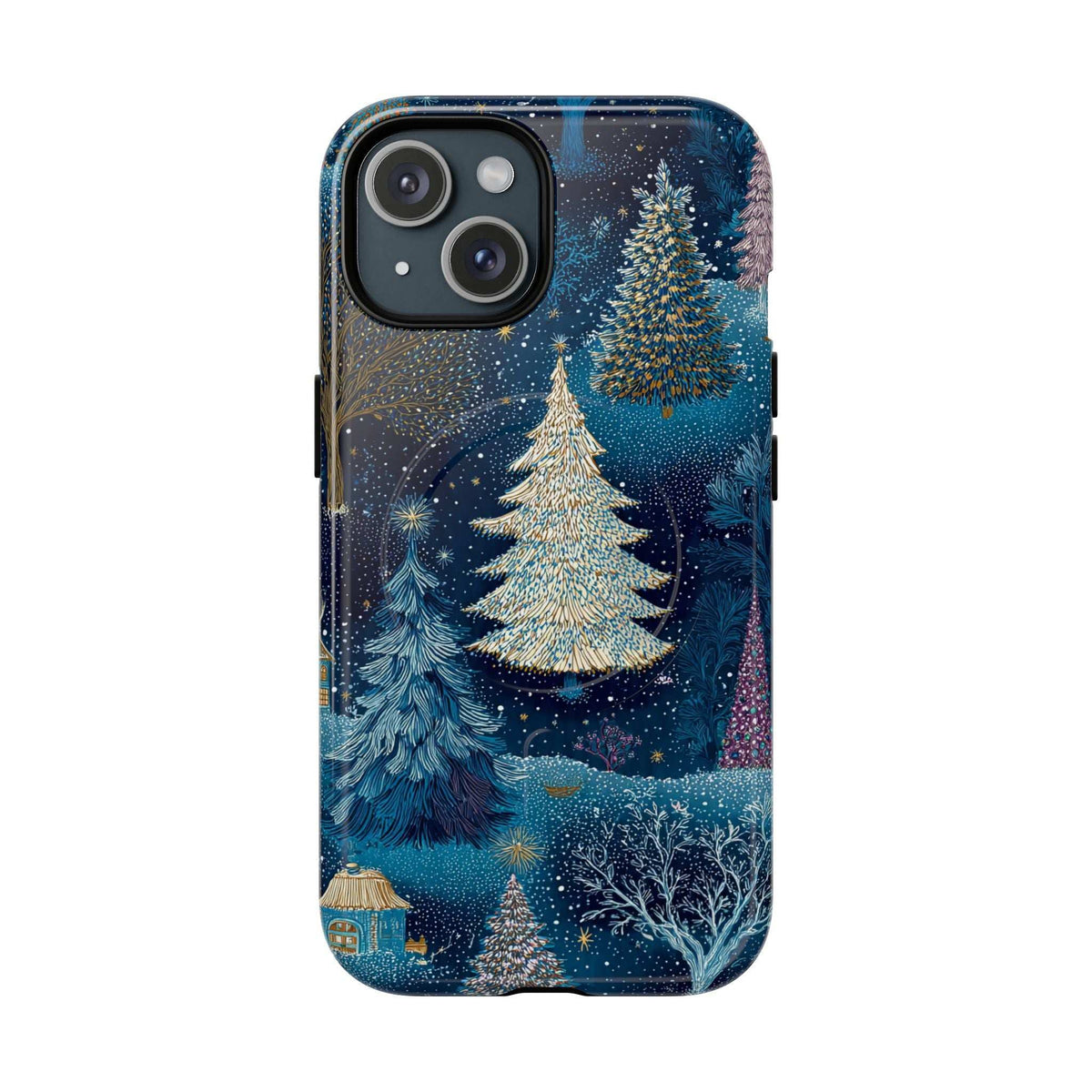 Glossy blue phone case with sparkly winter forest trees, gold tones, camera cutouts.