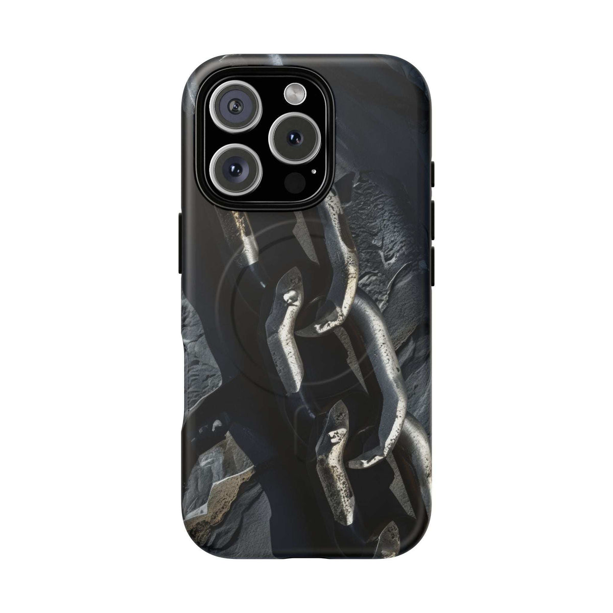 Black tough magnetic phone case with iron chain design and raised lens housing