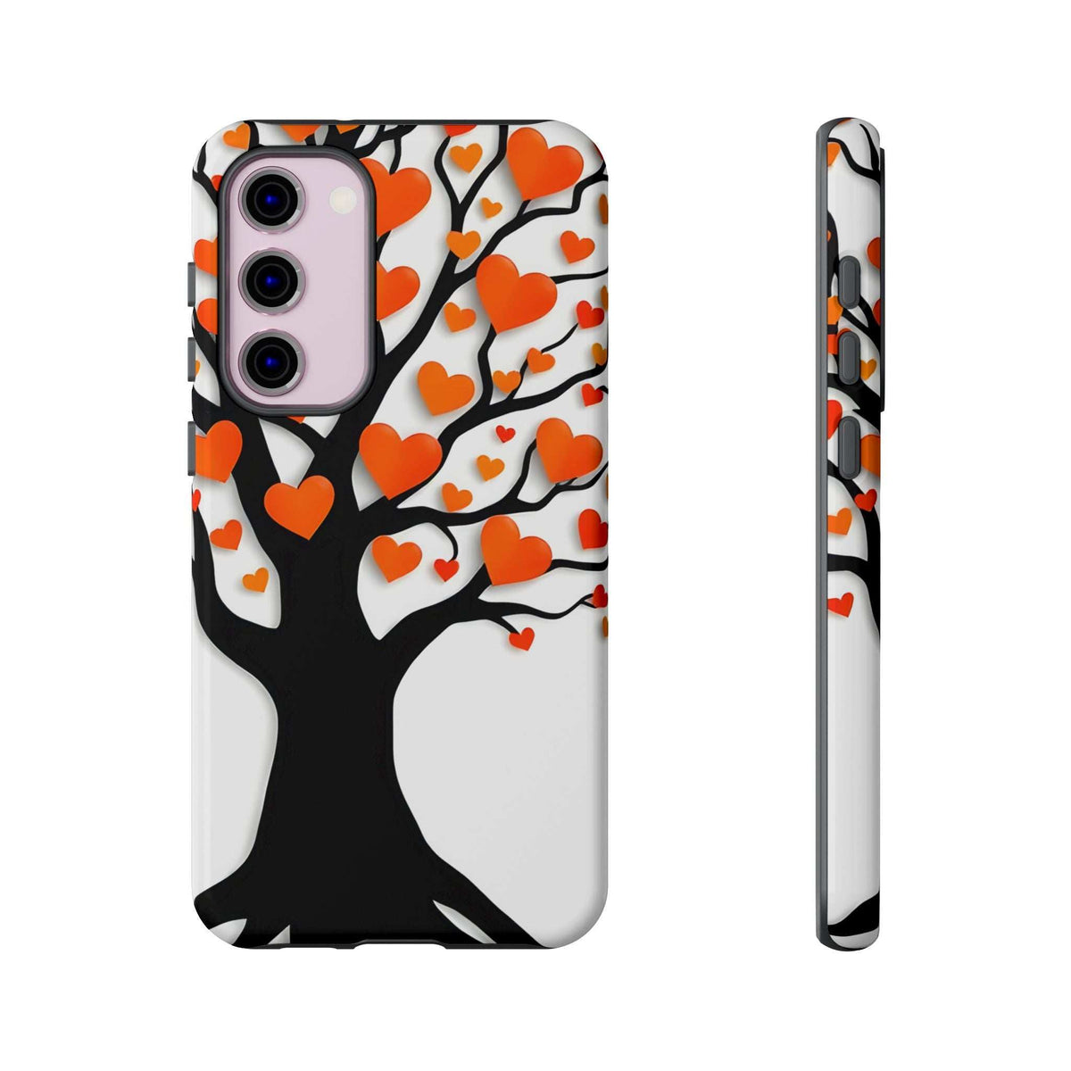 Phone case with heart tree design, orange and red hearts, front and side profile