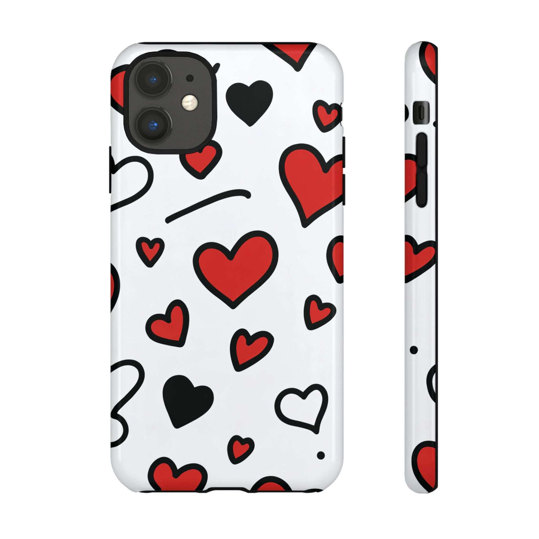 White phone case front view with scattered hearts pattern and large camera window