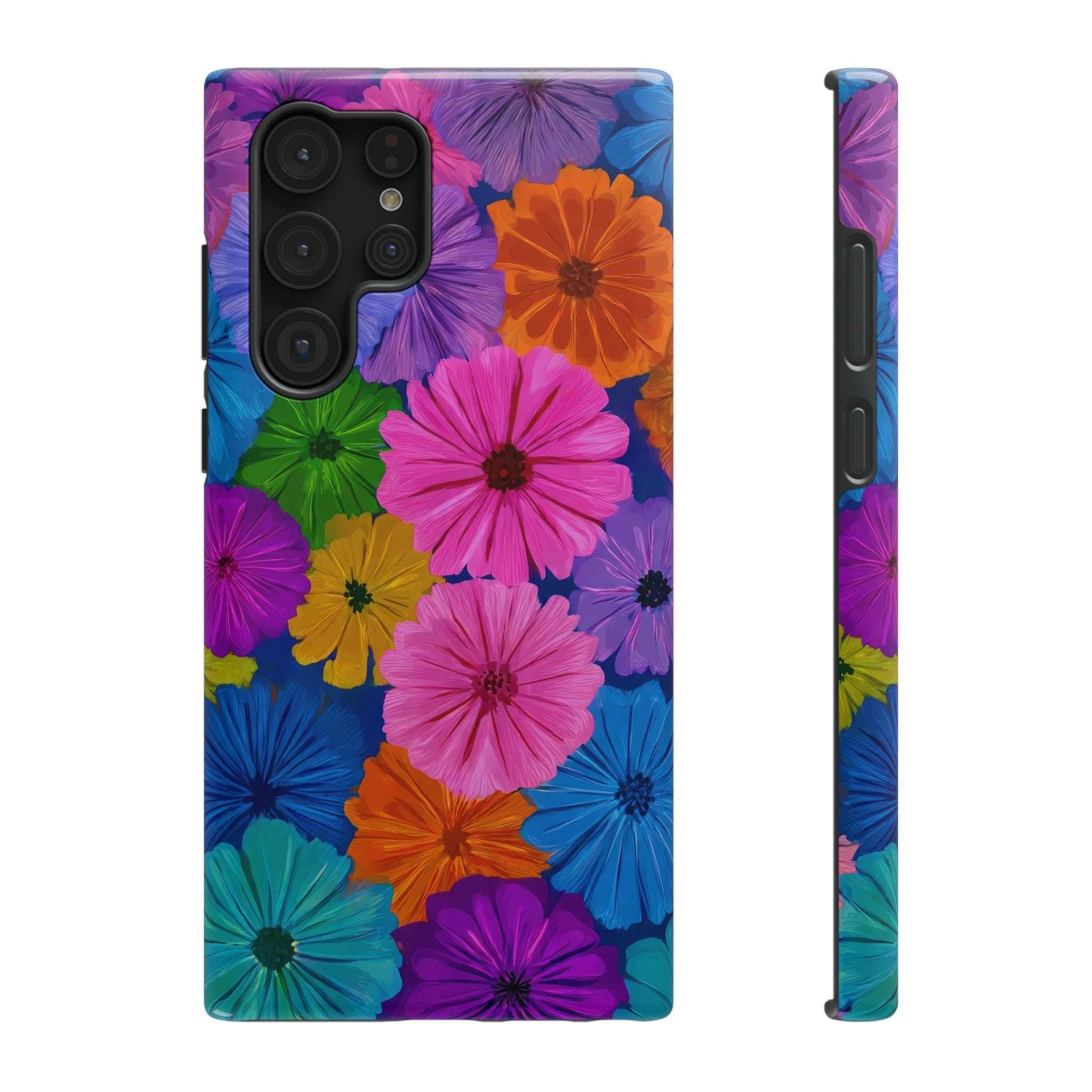 Multicolor floral phone case with black camera cutout, back and side view