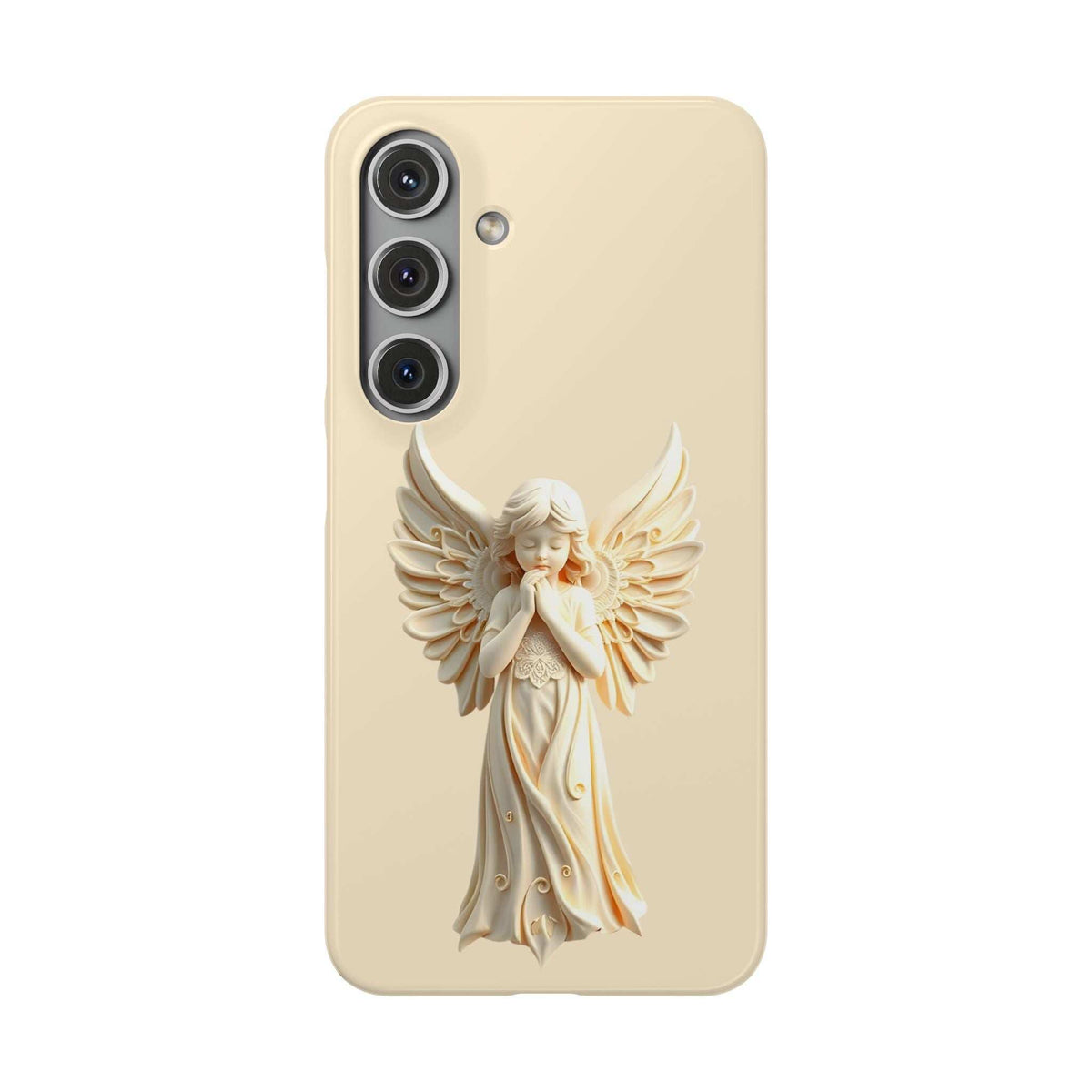 Beige phone case with angel graphic and three-lens camera cutout