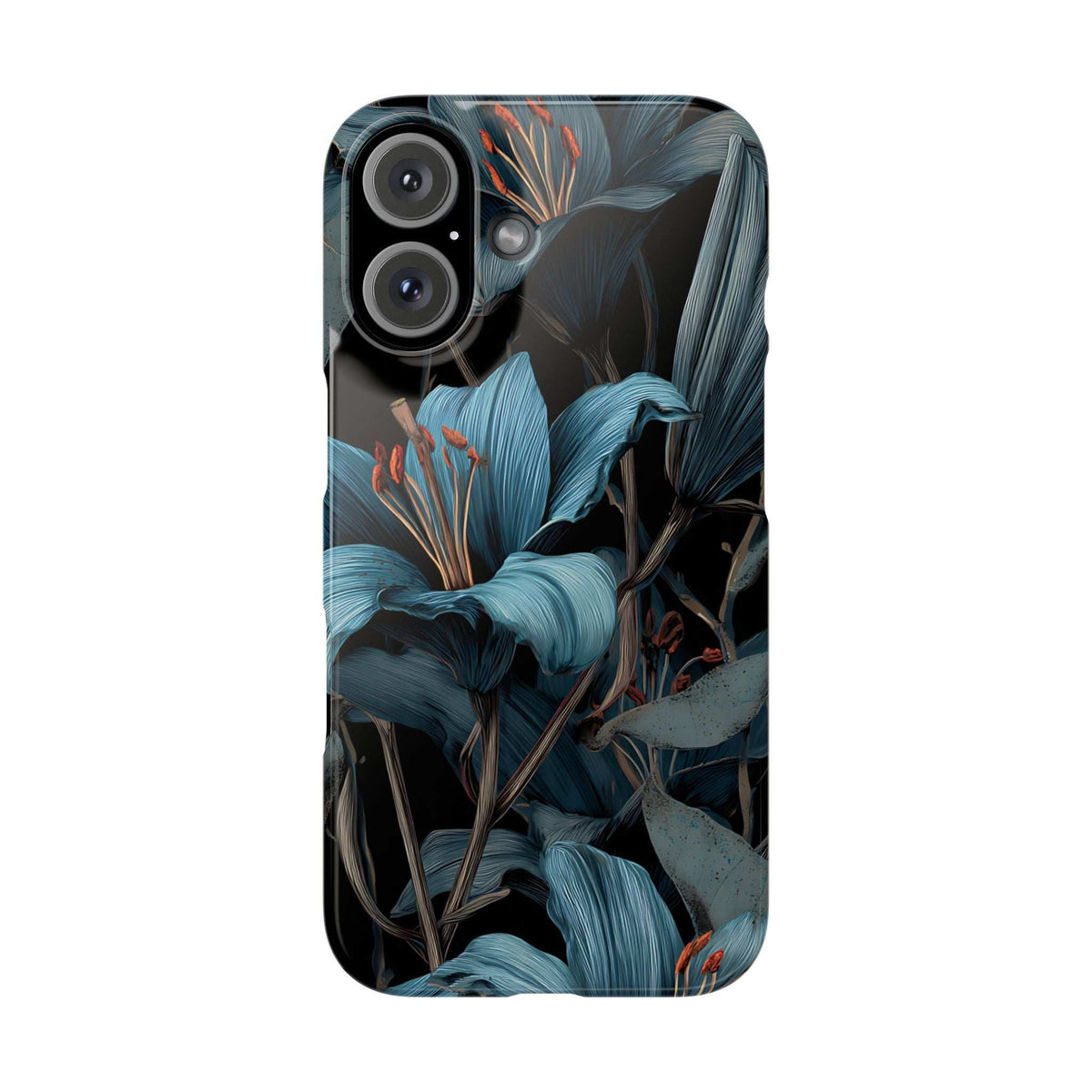 Blue lily floral phone case, close-up back view showing camera lens openings