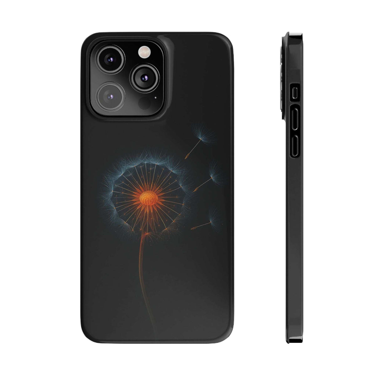 Black phone case with glowing dandelion design; camera cutout and side ports shown