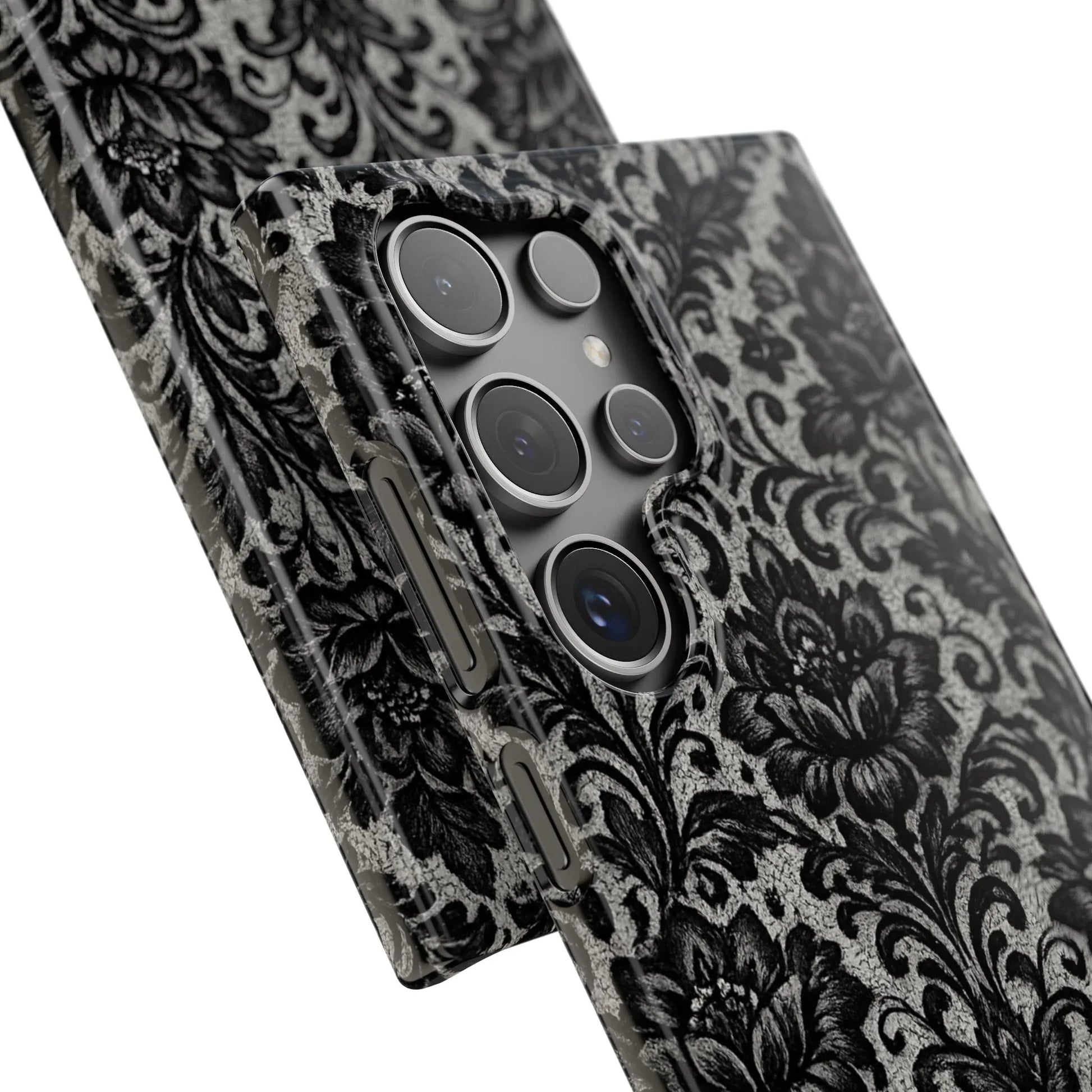Black Damask Floral Phone Case for iPhone 11-17 and Galaxy S20-S25 - KARARMDESIGN