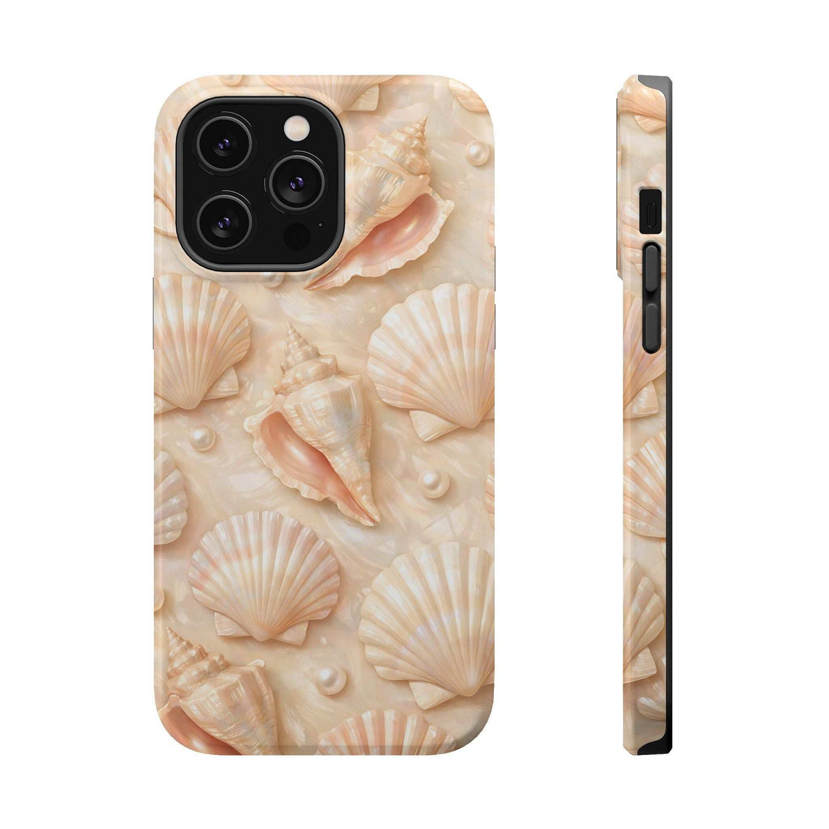 Seashell phone case with cream seashell pattern; front with camera cutout and side edge