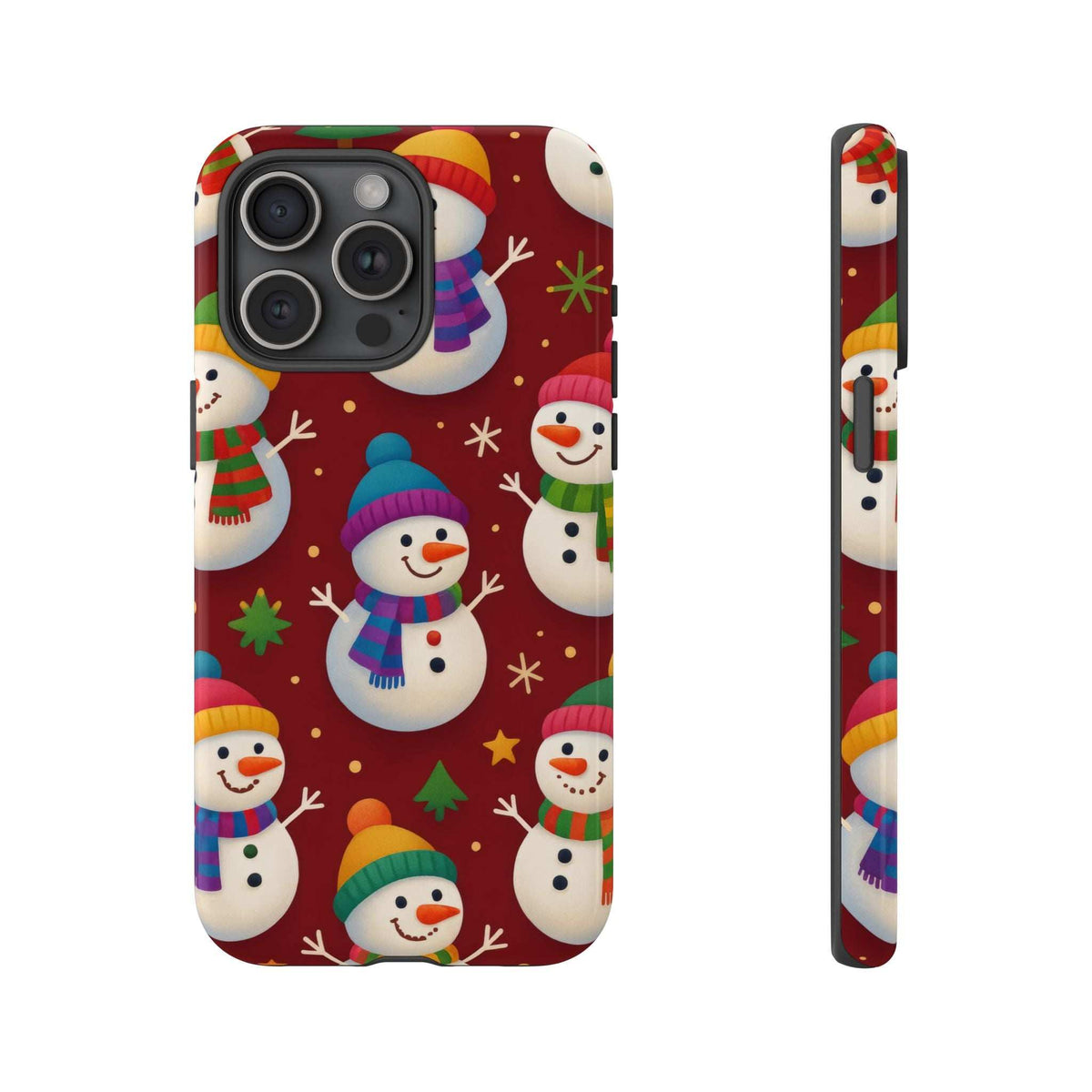 Glossy phone case with maroon snowman parade design; raised camera lenses and protected buttons.