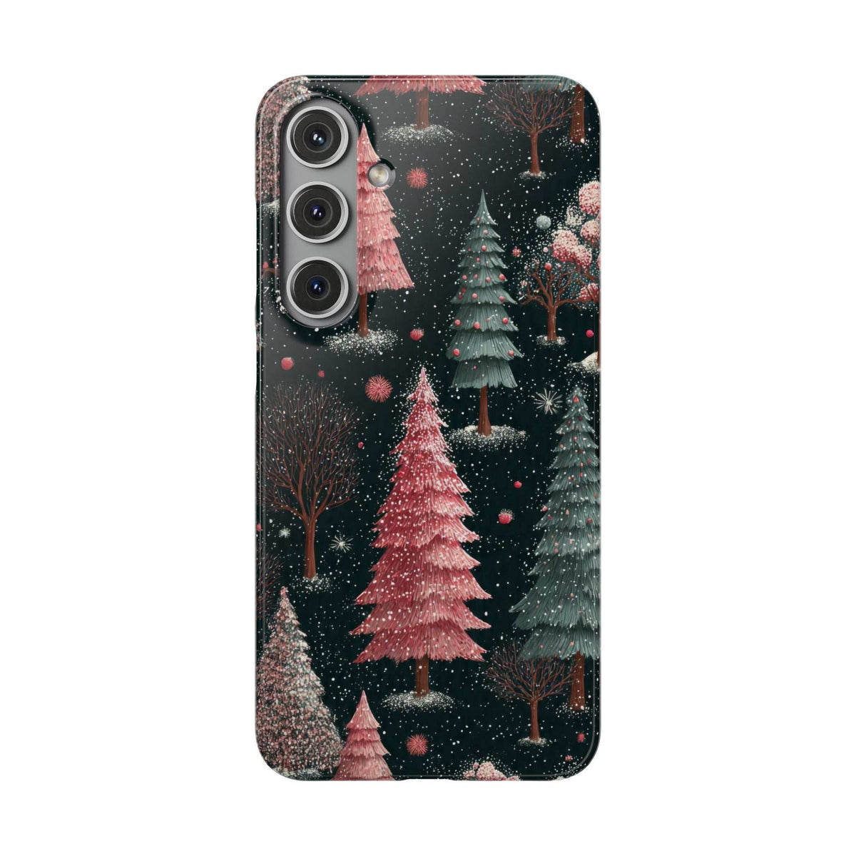Glossy phone case with dark winter forest and pink Christmas trees pattern