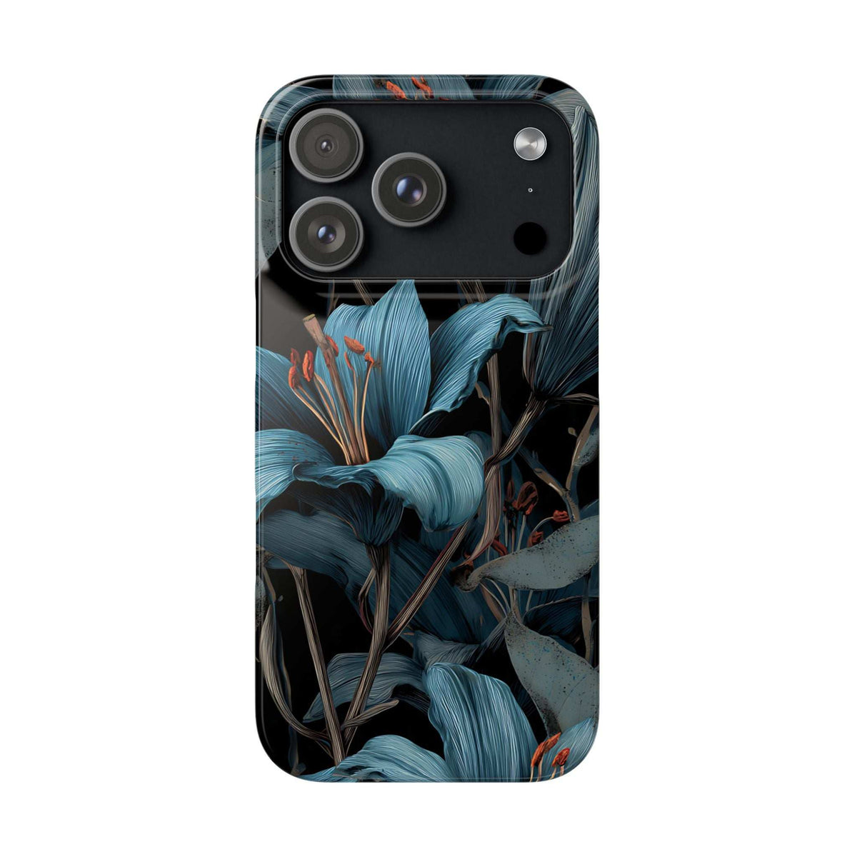 Blue botanical phone case with four camera lenses and teal flower and leaf print