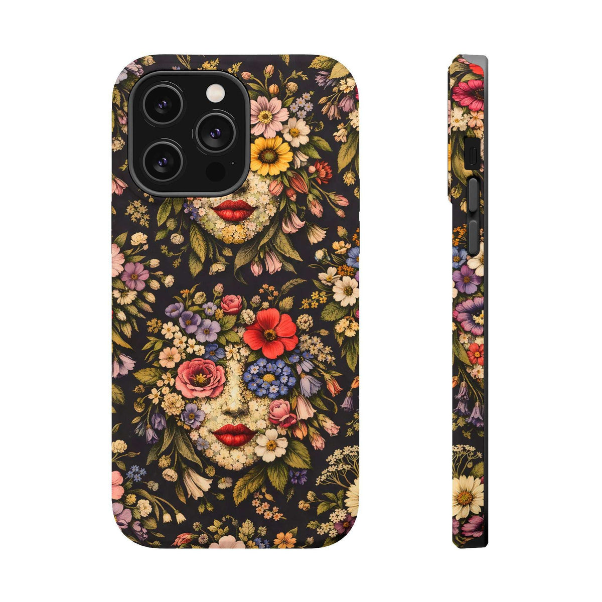 Floral face phone case, dark background, front view and narrow side profile