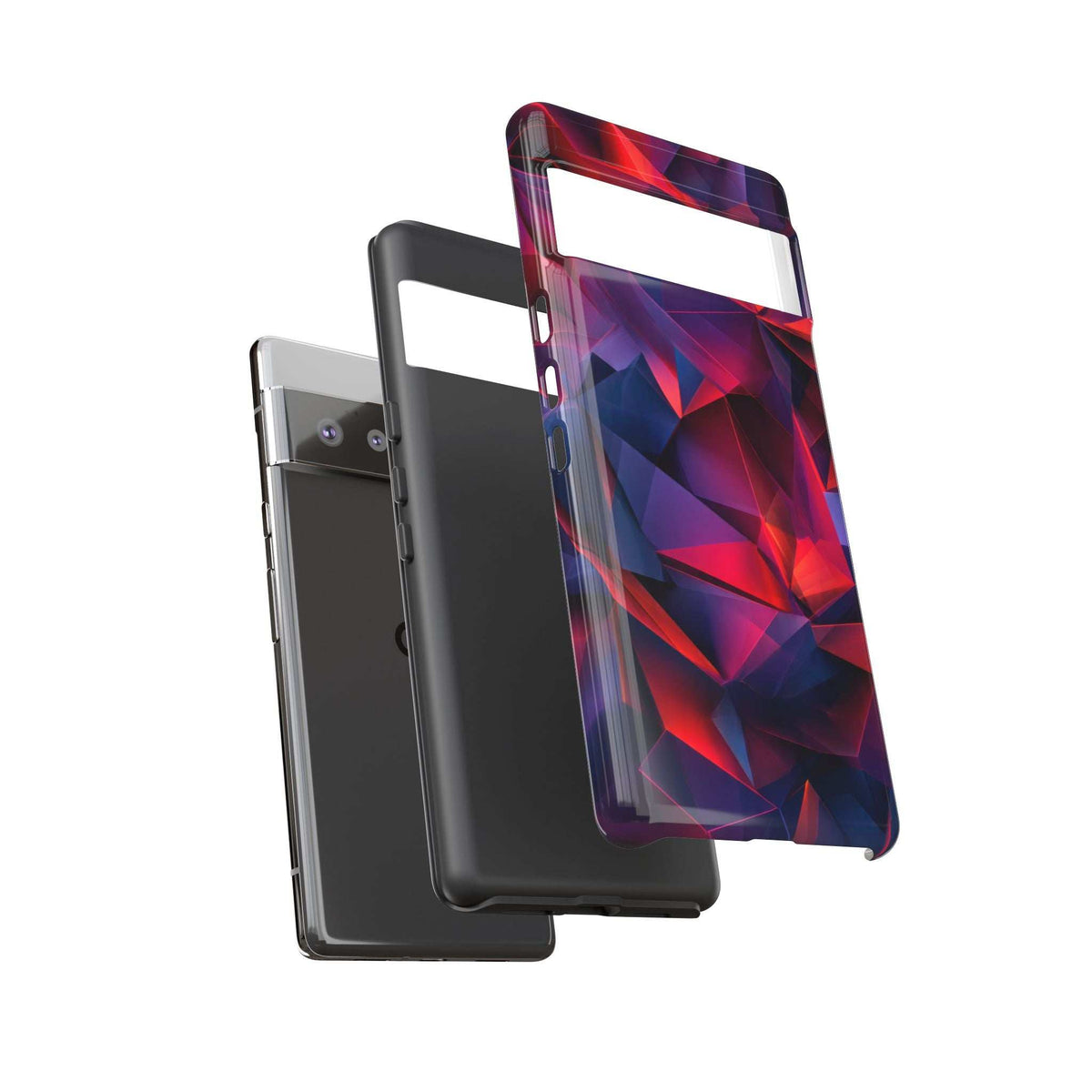Glossy crystalline prism phone case showing red and blue faceted artwork, slim profile