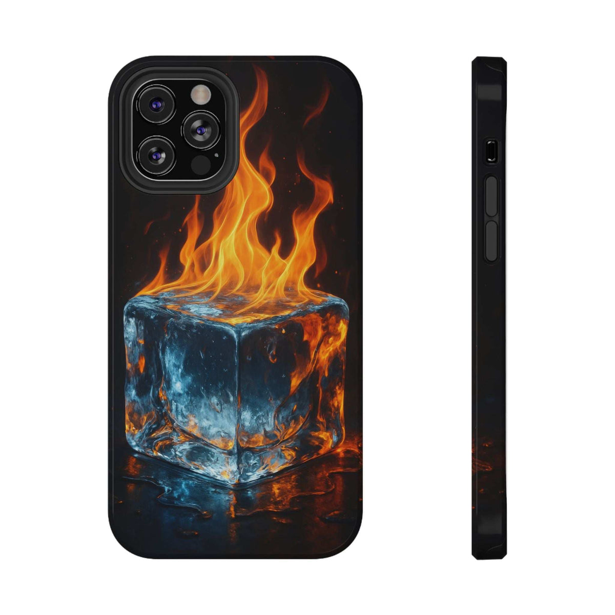 Black glossy phone case with flame and icy cube graphic, multiple camera cutouts