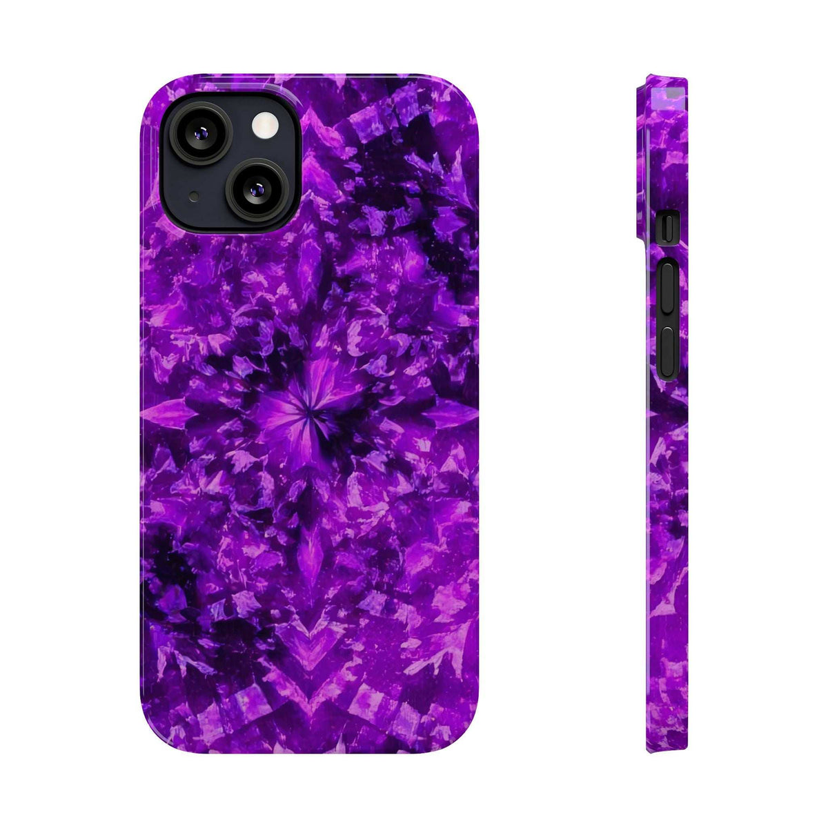 Purple kaleidoscope phone case front with starburst floral design; thin side view