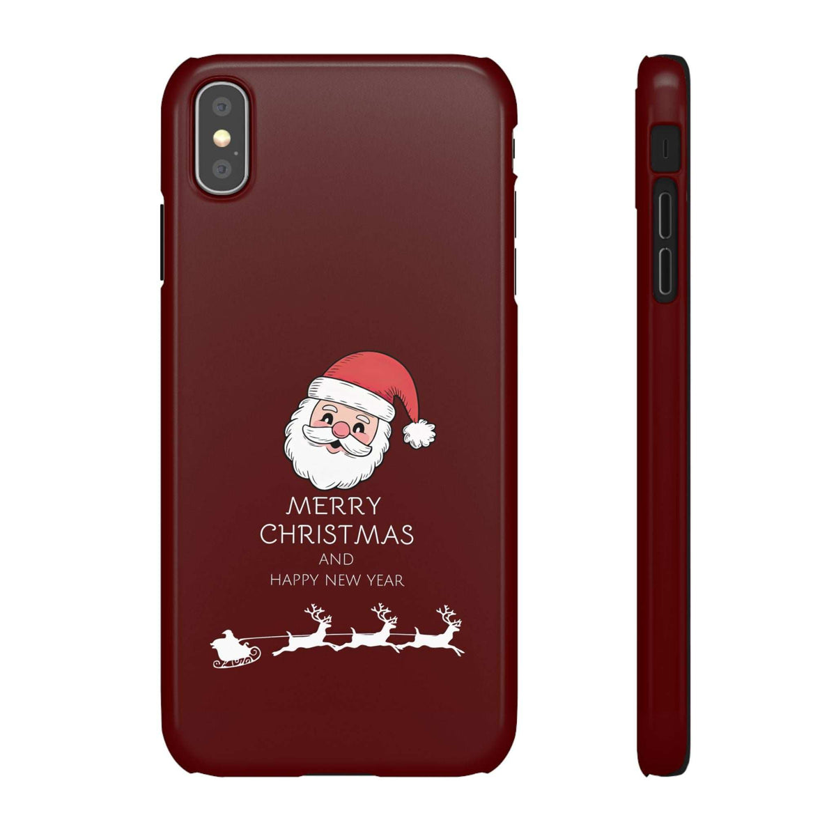 Red glossy phone case showing back and side; Santa Merry Christmas print