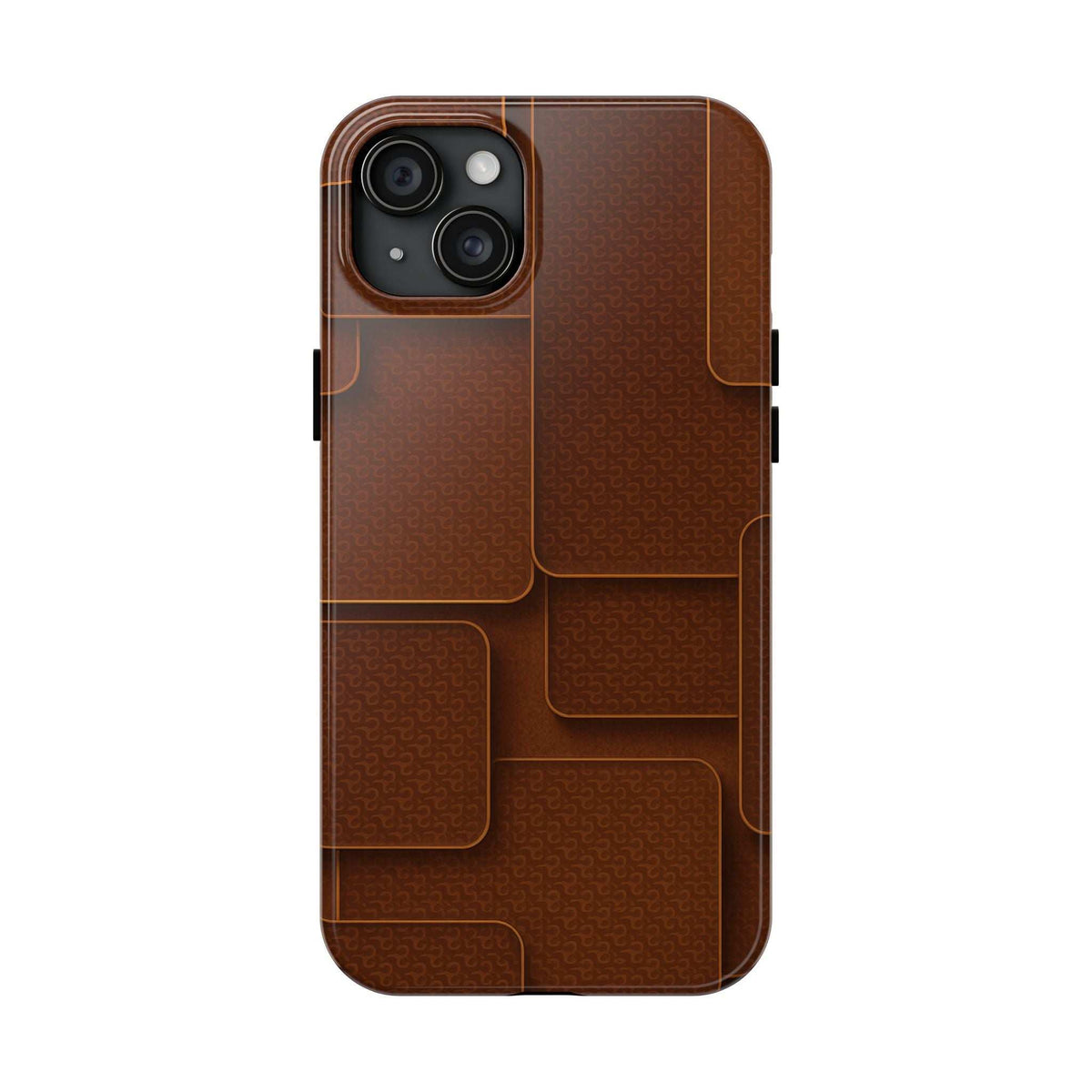 Brown textured phone case with camera cutout and molded panel texture