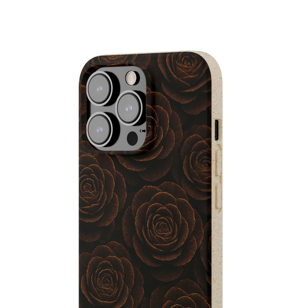 Wooden rose phone case with dark rose pattern and raised camera protection